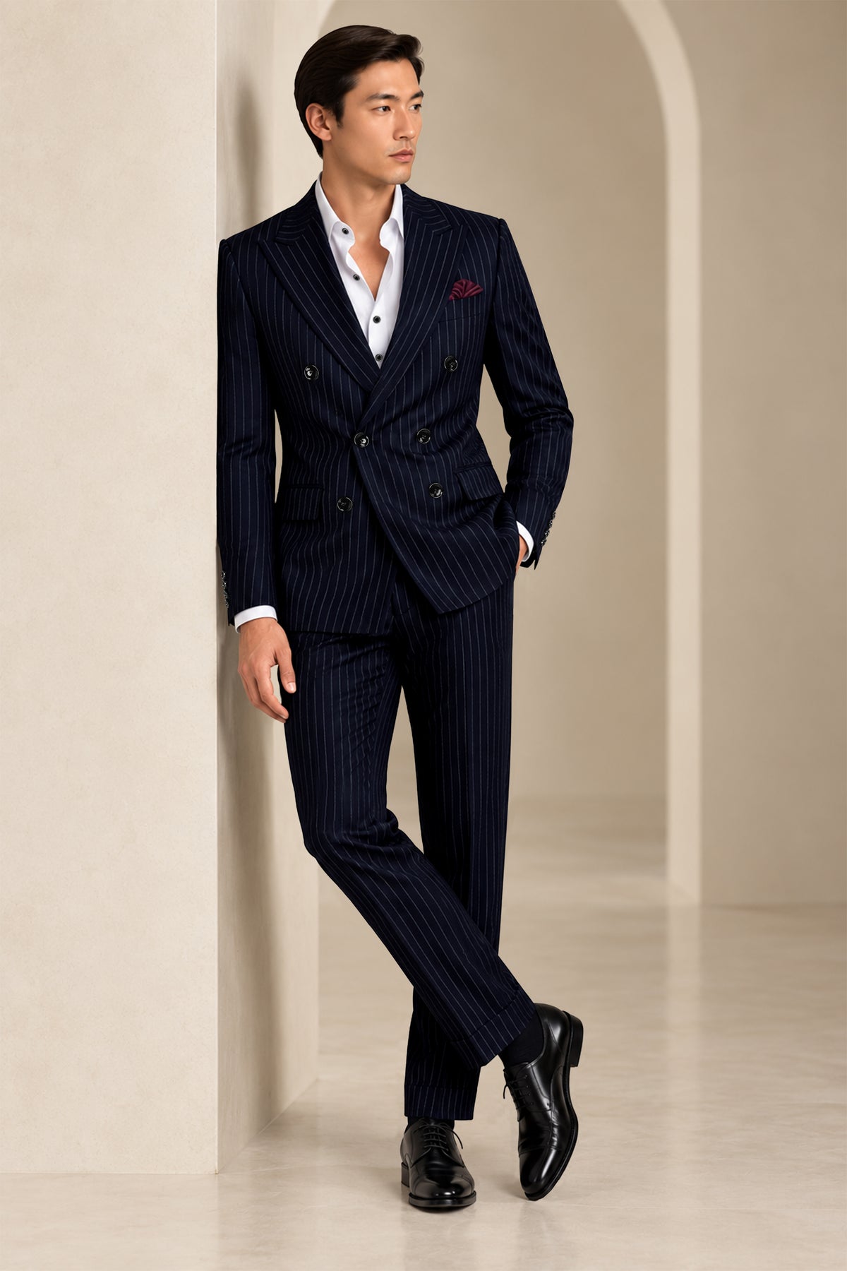 Windsor-Navy Blue Chalk Striped Wool Rich Wrinkle-Free Fluid Drape Fabric Double Breasted Suit