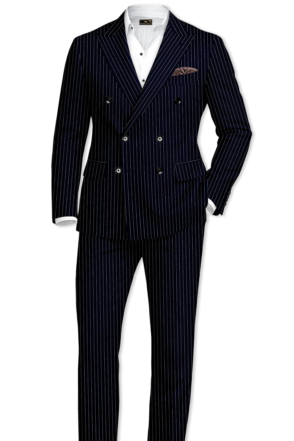 Windsor-Navy Blue Chalk Striped Wool Rich Wrinkle-Free Fluid Drape Fabric Double Breasted Suit