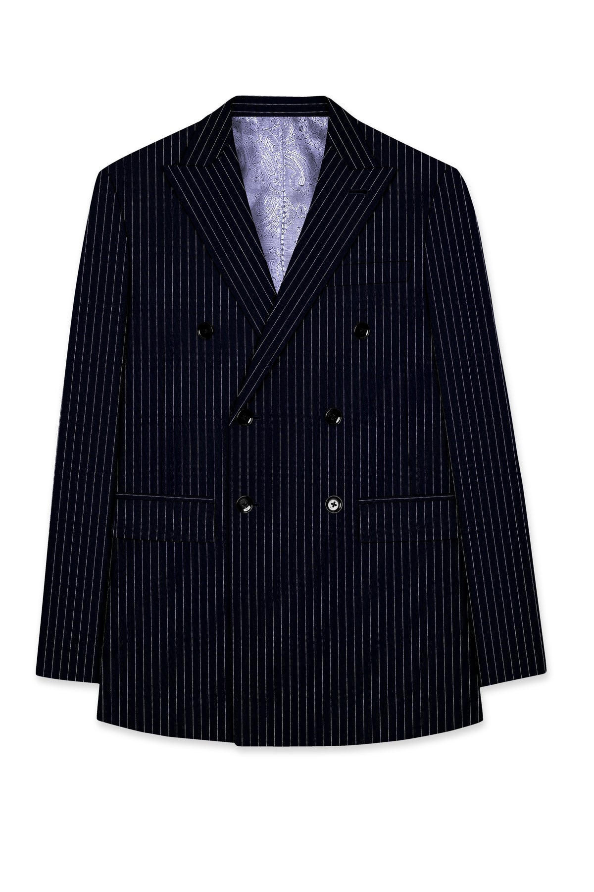 Windsor-Navy Blue Chalk Striped Wool Rich Wrinkle-Free Fluid Drape Fabric Double Breasted Suit