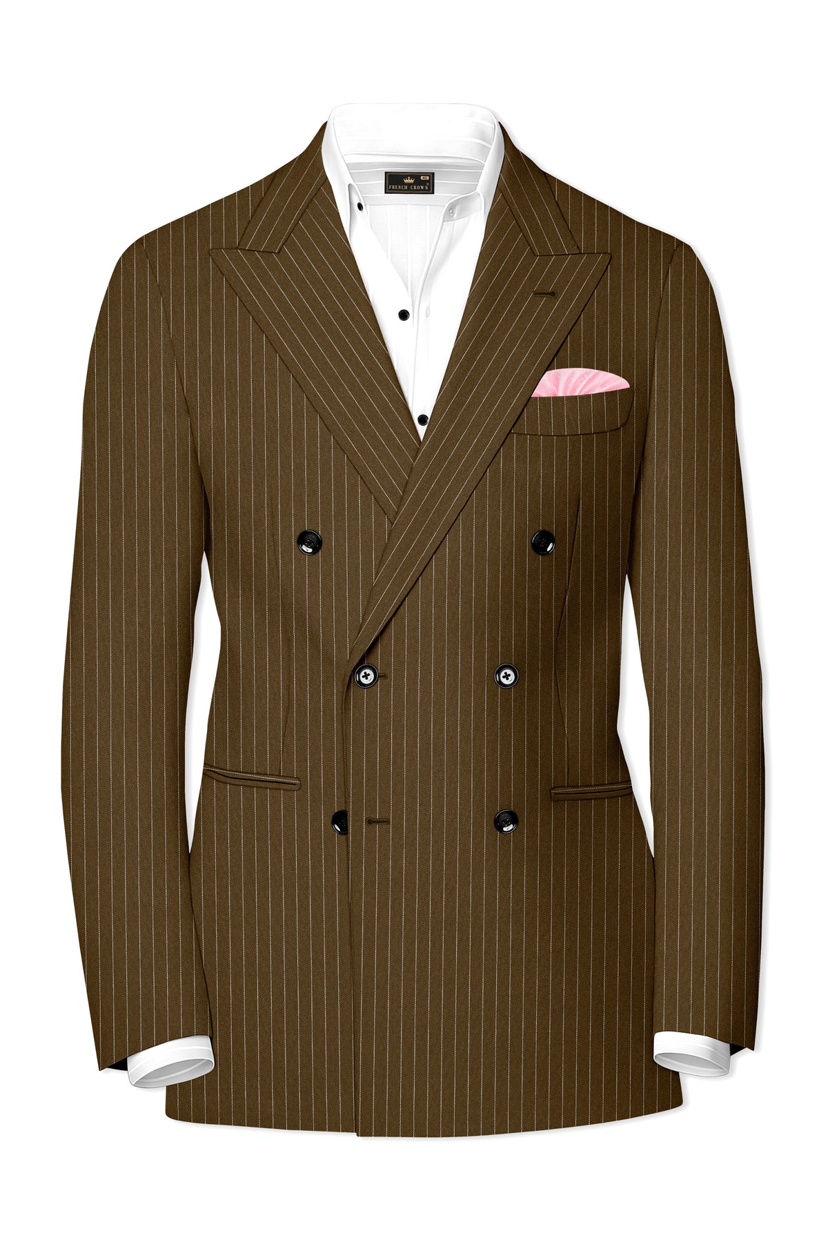 Sable-Antique Brown Chalk Striped Wool Rich Wrinkle-Free Fluid Drape Fabric Double Breasted Suit