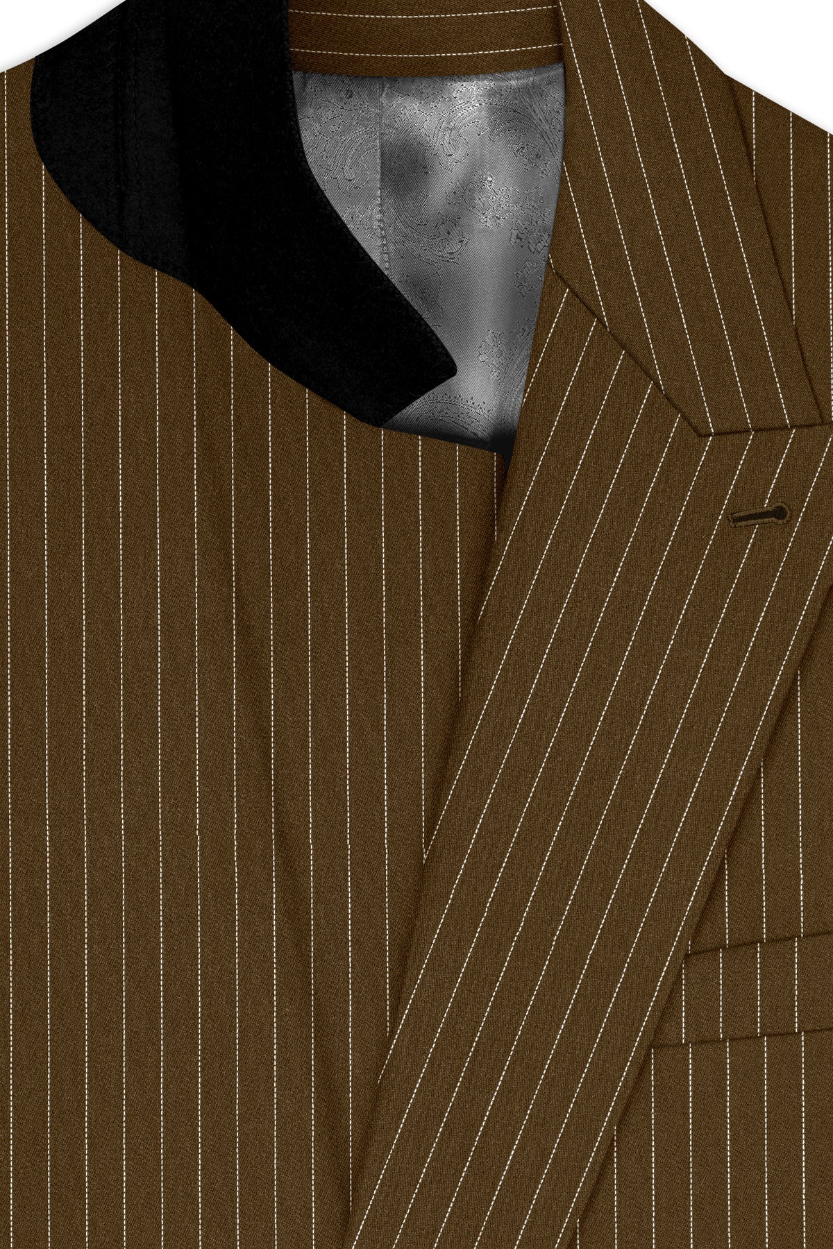 Sable-Antique Brown Chalk Striped Wool Rich Wrinkle-Free Fluid Drape Fabric Double Breasted Suit
