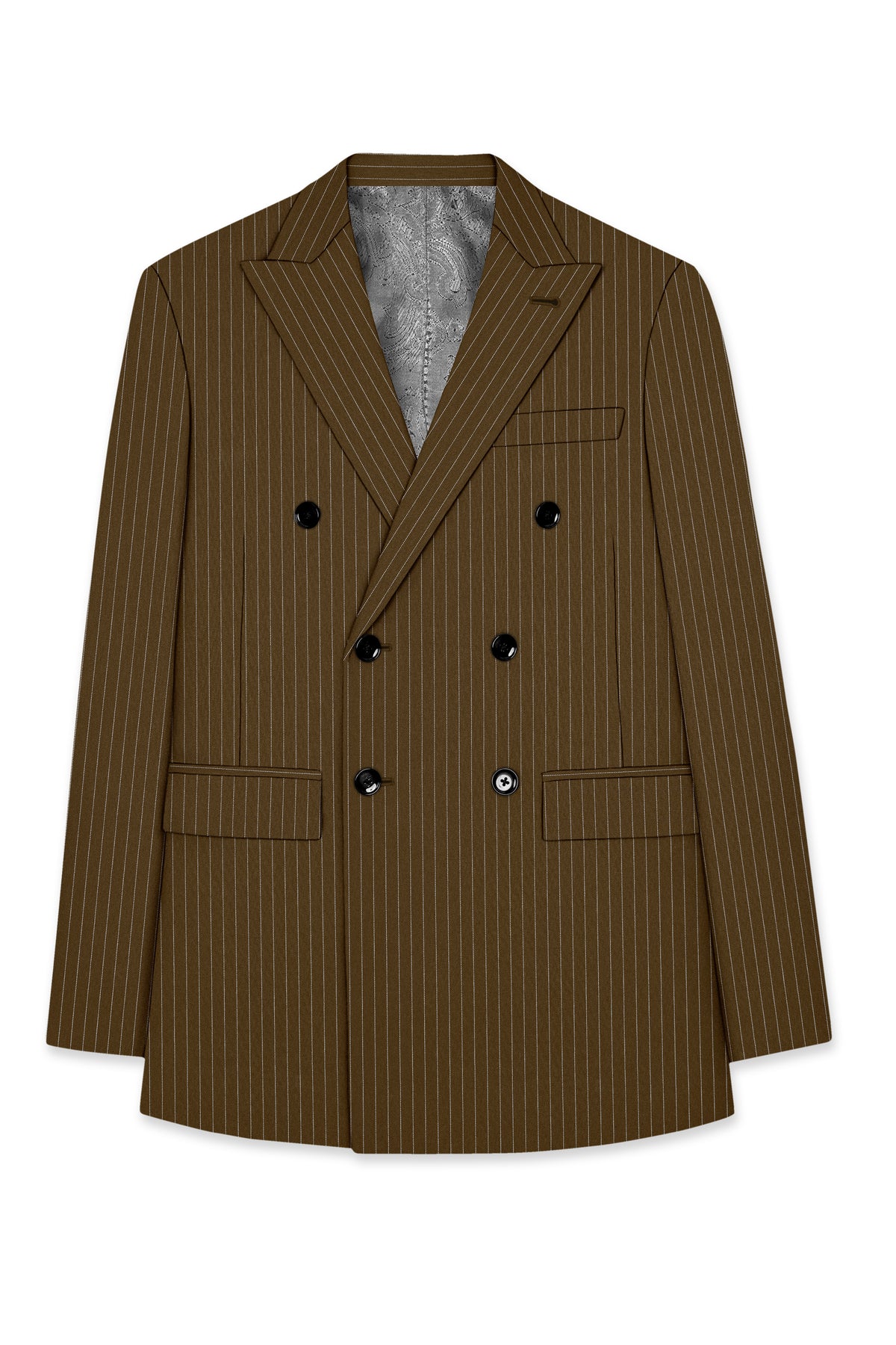 Sable-Antique Brown Chalk Striped Wool Rich Wrinkle-Free Fluid Drape Fabric Double Breasted Suit