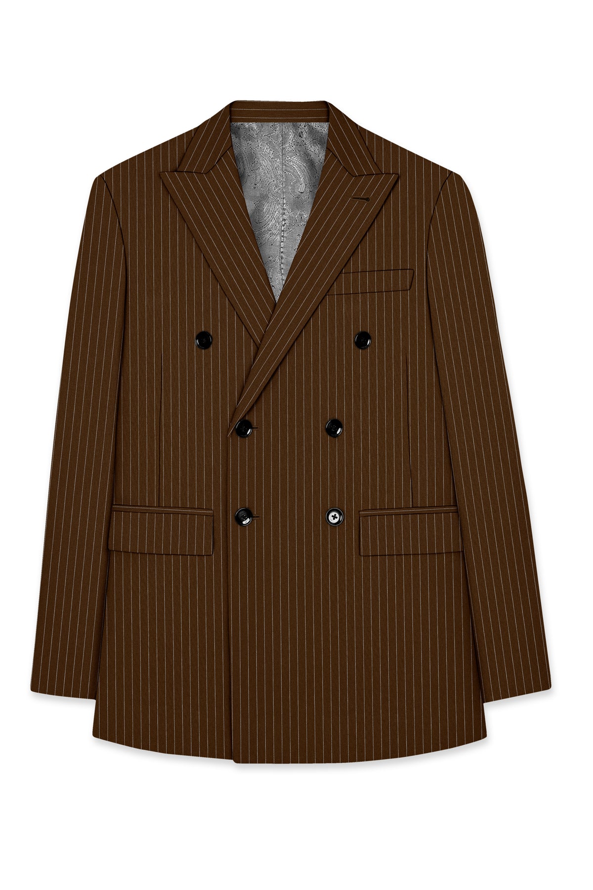 Everton-Clinker Brown Chalk Striped Wool Rich Wrinkle-Free Fluid Drape Fabric Double Breasted Suit