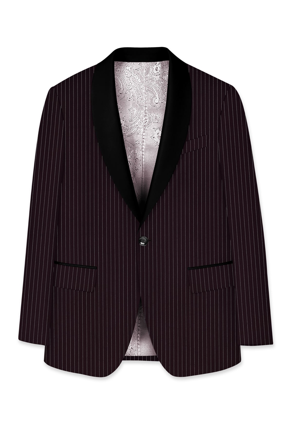 Vesper-Gondola Maroon Chalk Striped Wool Rich Wrinkle-Free Fluid Drape Fabric Tuxedo Suit