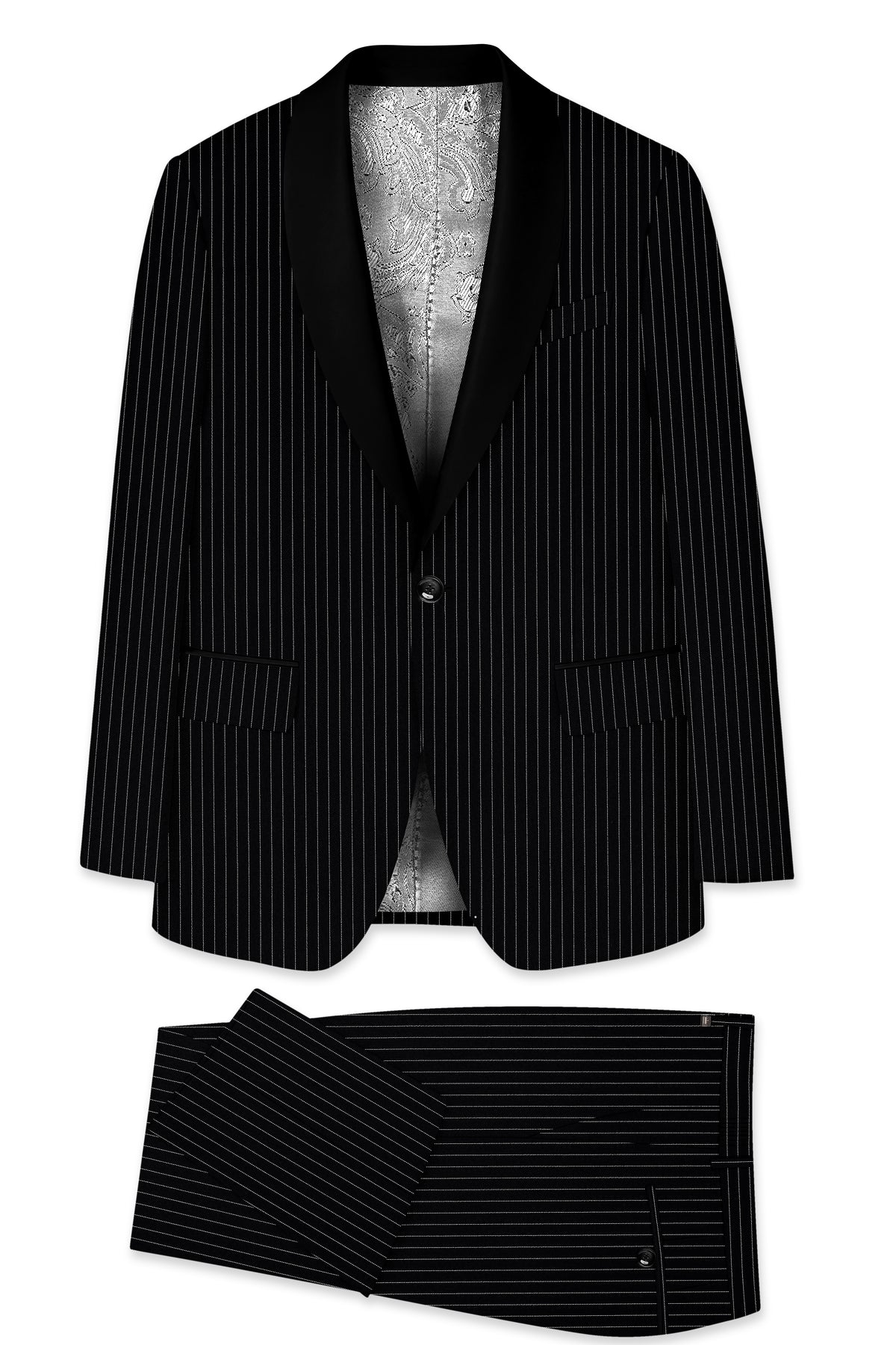 Noble-Jade Black Chalk Striped Wool Rich Wrinkle-Free Fluid Drape Fabric Tuxedo Suit