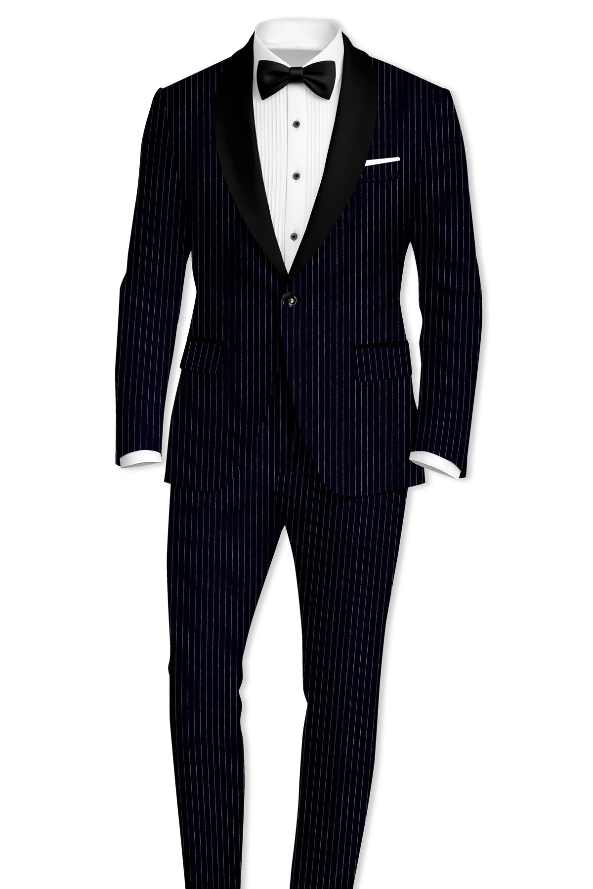 Windsor-Navy Blue Chalk Striped Wool Rich Wrinkle-Free Fluid Drape Fabric Tuxedo Suit