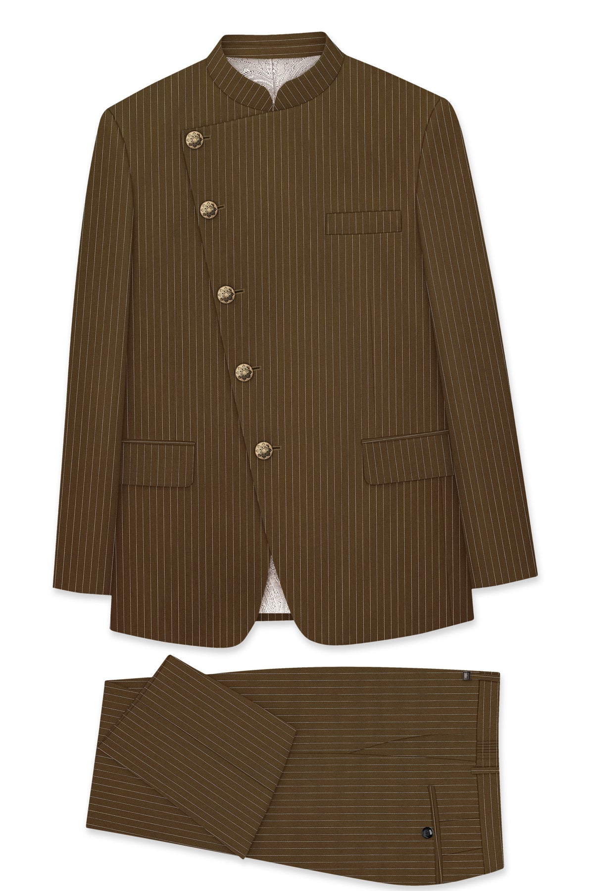 Sable-Antique Brown Chalk Striped Wool Rich Wrinkle-Free Fluid Drape Fabric Cross Bandhgala Suit
