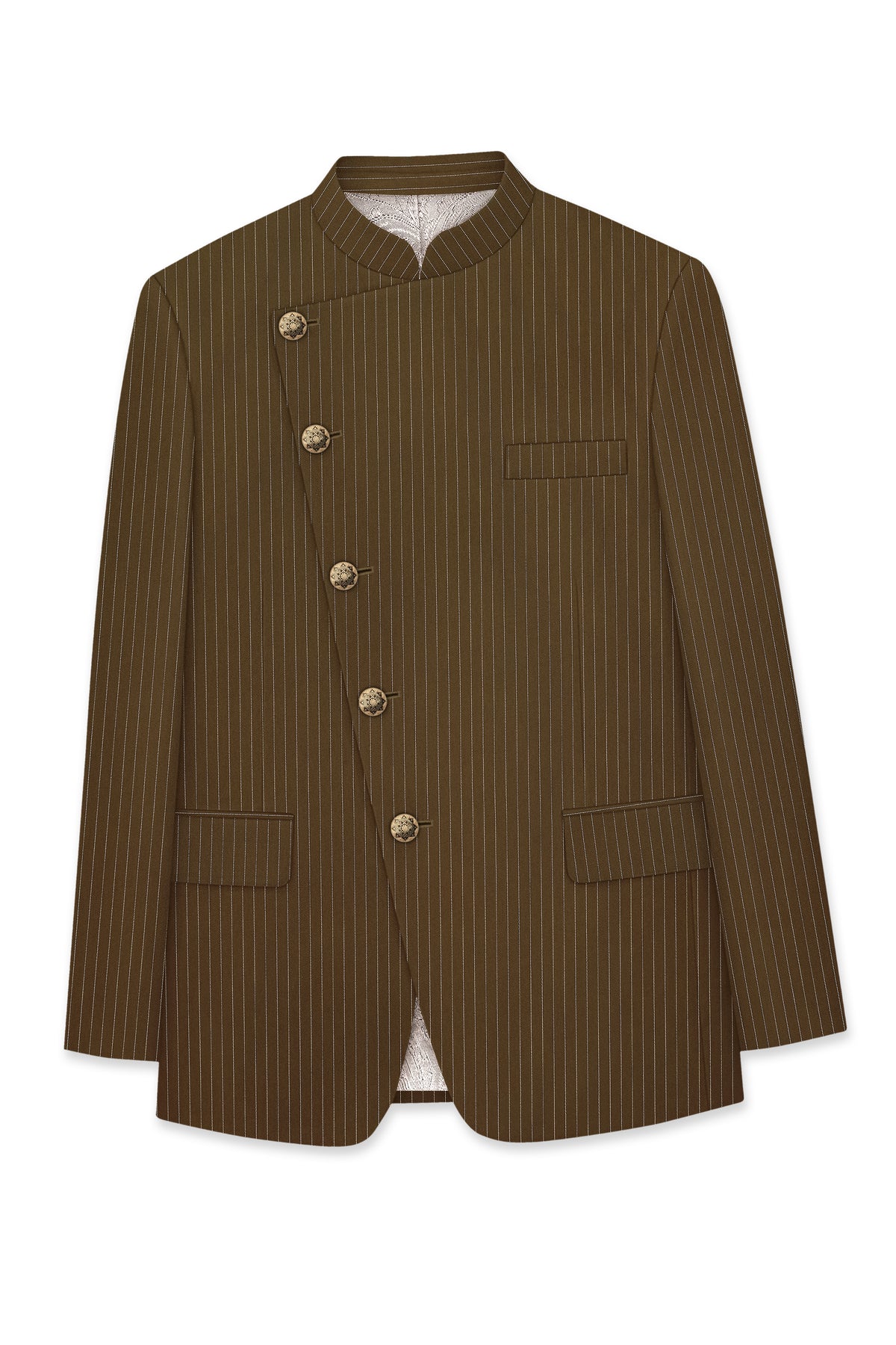 Sable-Antique Brown Chalk Striped Wool Rich Wrinkle-Free Fluid Drape Fabric Cross Bandhgala Suit