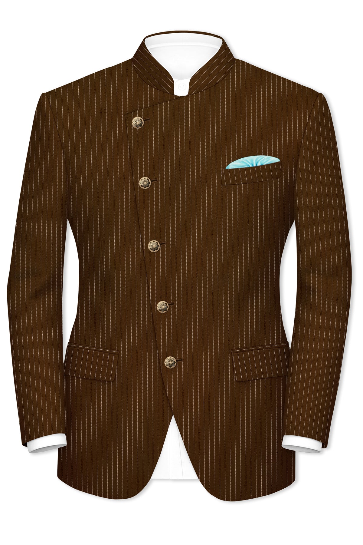 Everton-Clinker Brown Chalk Striped Wool Rich Wrinkle-Free Fluid Drape Fabric Cross Bandhgala Suit