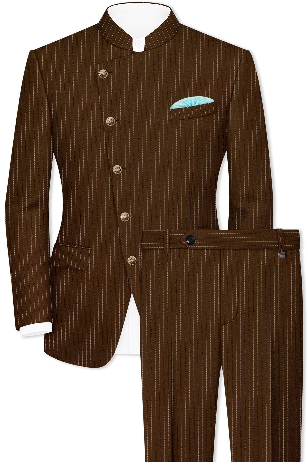 Everton-Clinker Brown Chalk Striped Wool Rich Wrinkle-Free Fluid Drape Fabric Cross Bandhgala Suit