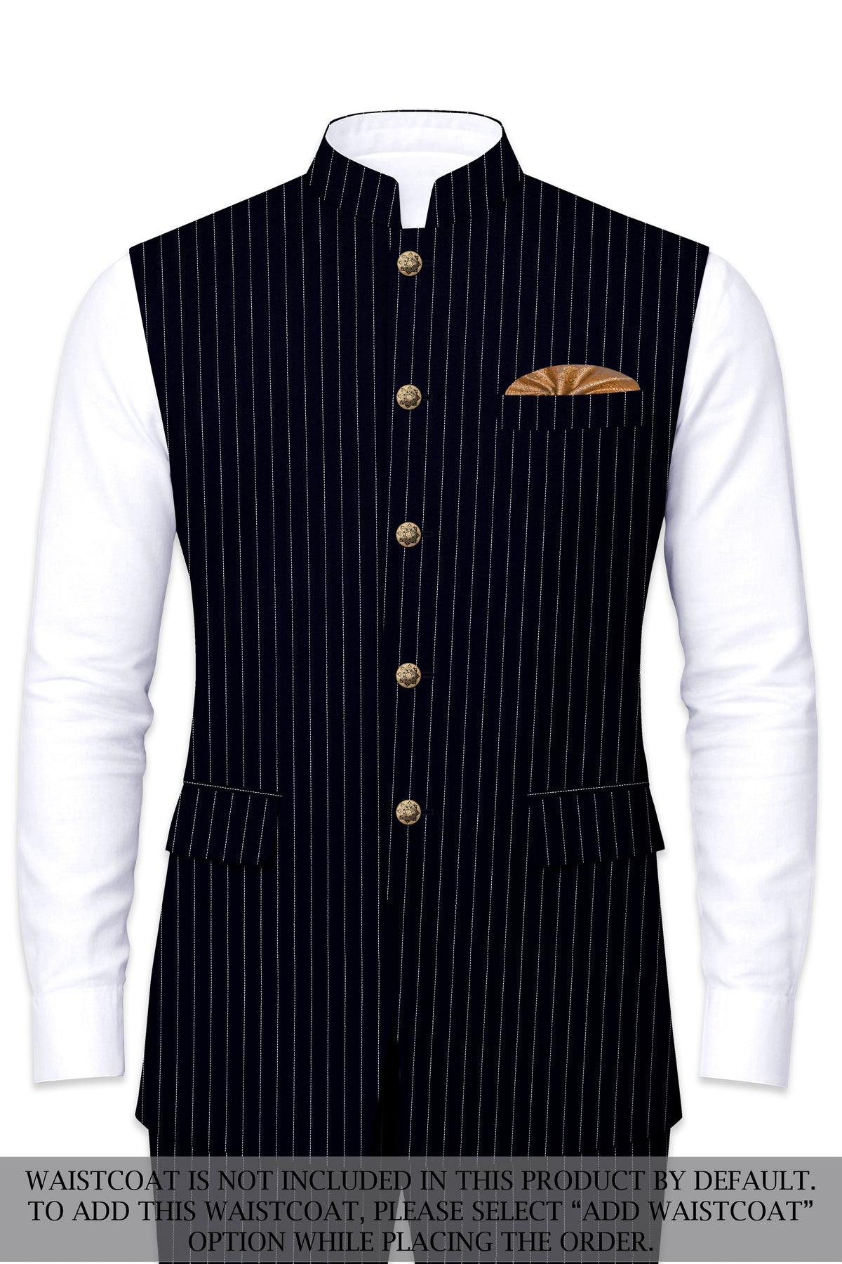 Windsor-Navy Blue Chalk Striped Wool Rich Wrinkle-Free Fluid Drape Fabric Bandhgala Suit