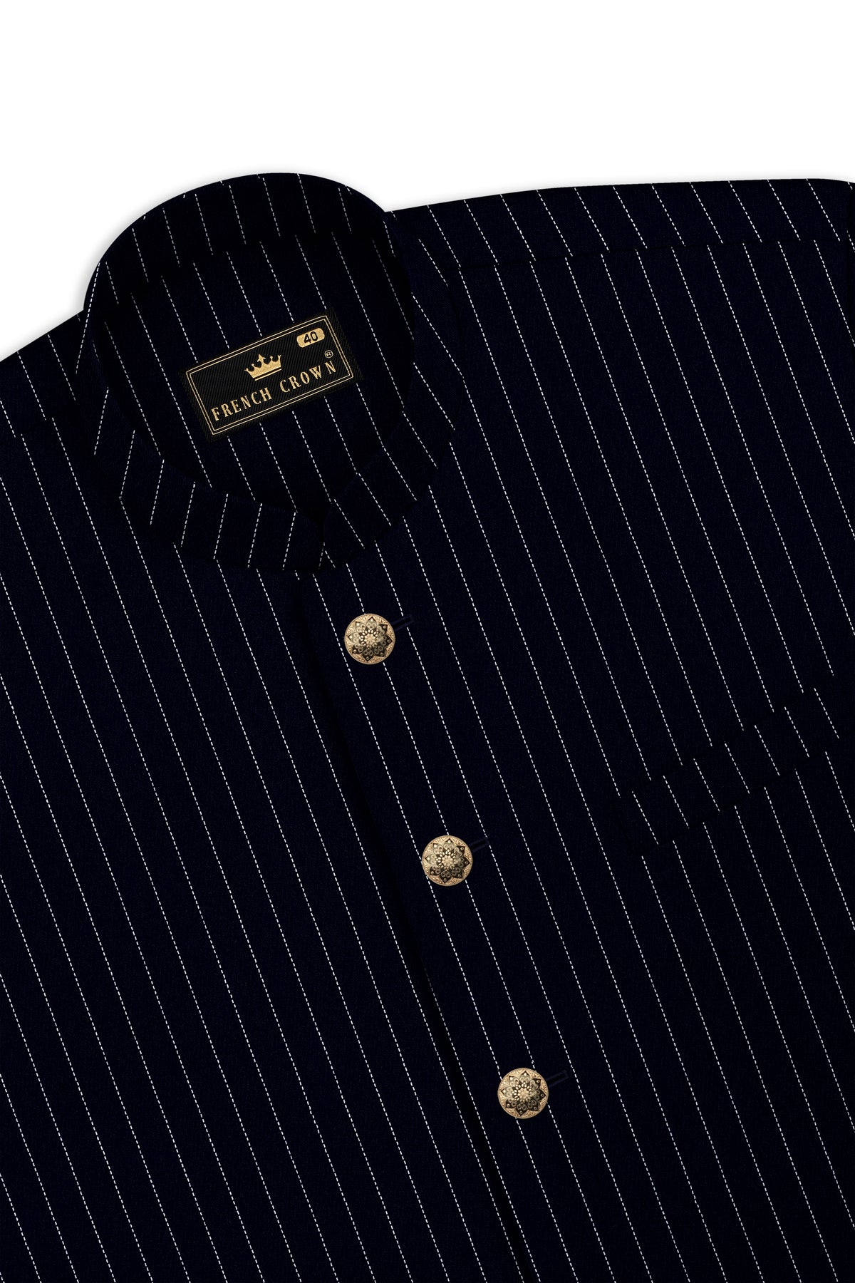 Windsor-Navy Blue Chalk Striped Wool Rich Wrinkle-Free Fluid Drape Fabric Bandhgala Suit