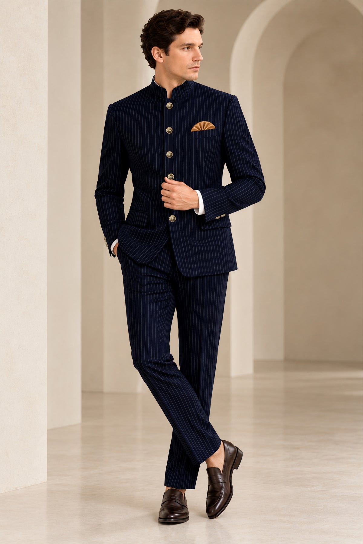 Windsor-Navy Blue Chalk Striped Wool Rich Wrinkle-Free Fluid Drape Fabric Bandhgala Suit