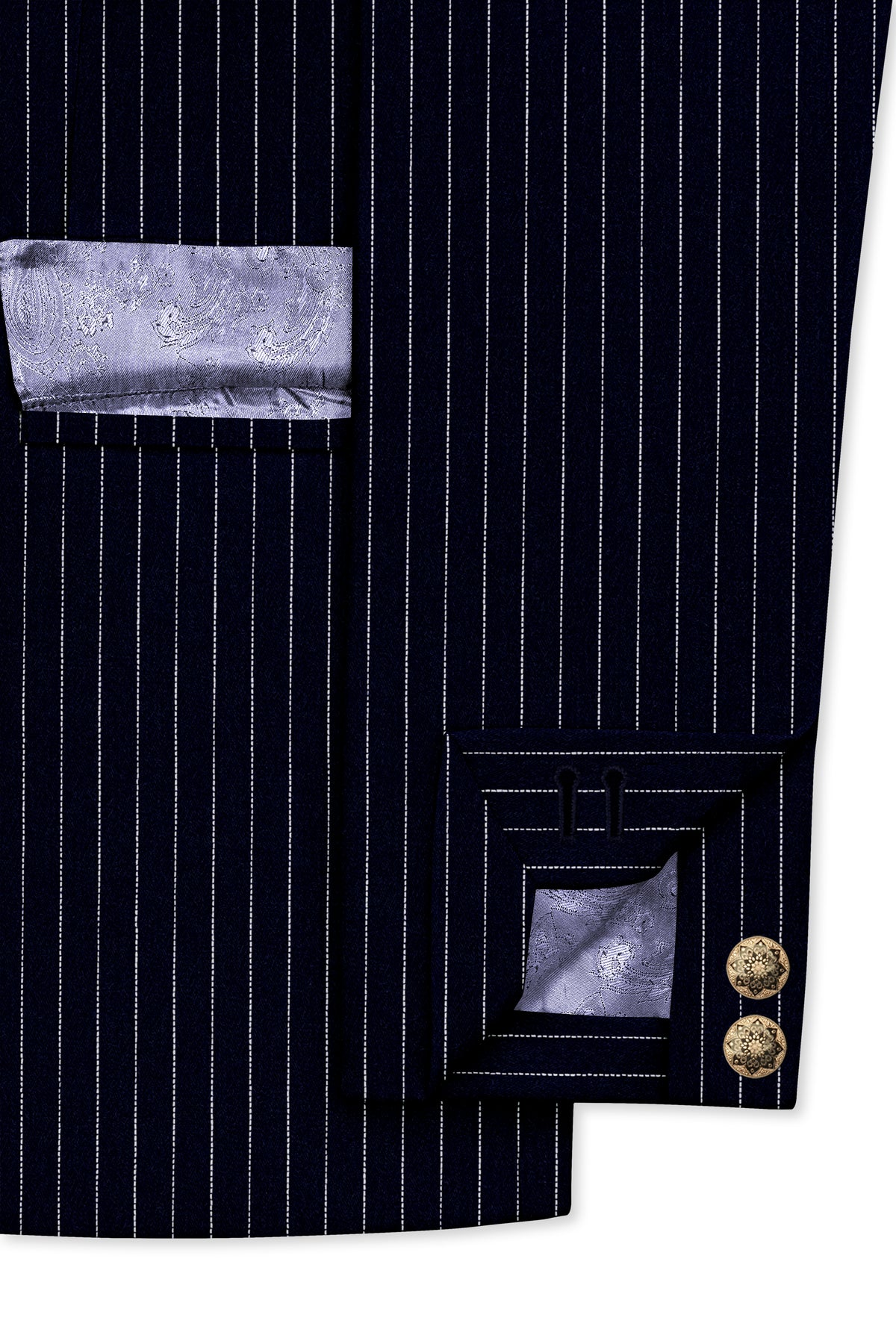 Windsor-Navy Blue Chalk Striped Wool Rich Wrinkle-Free Fluid Drape Fabric Bandhgala Suit