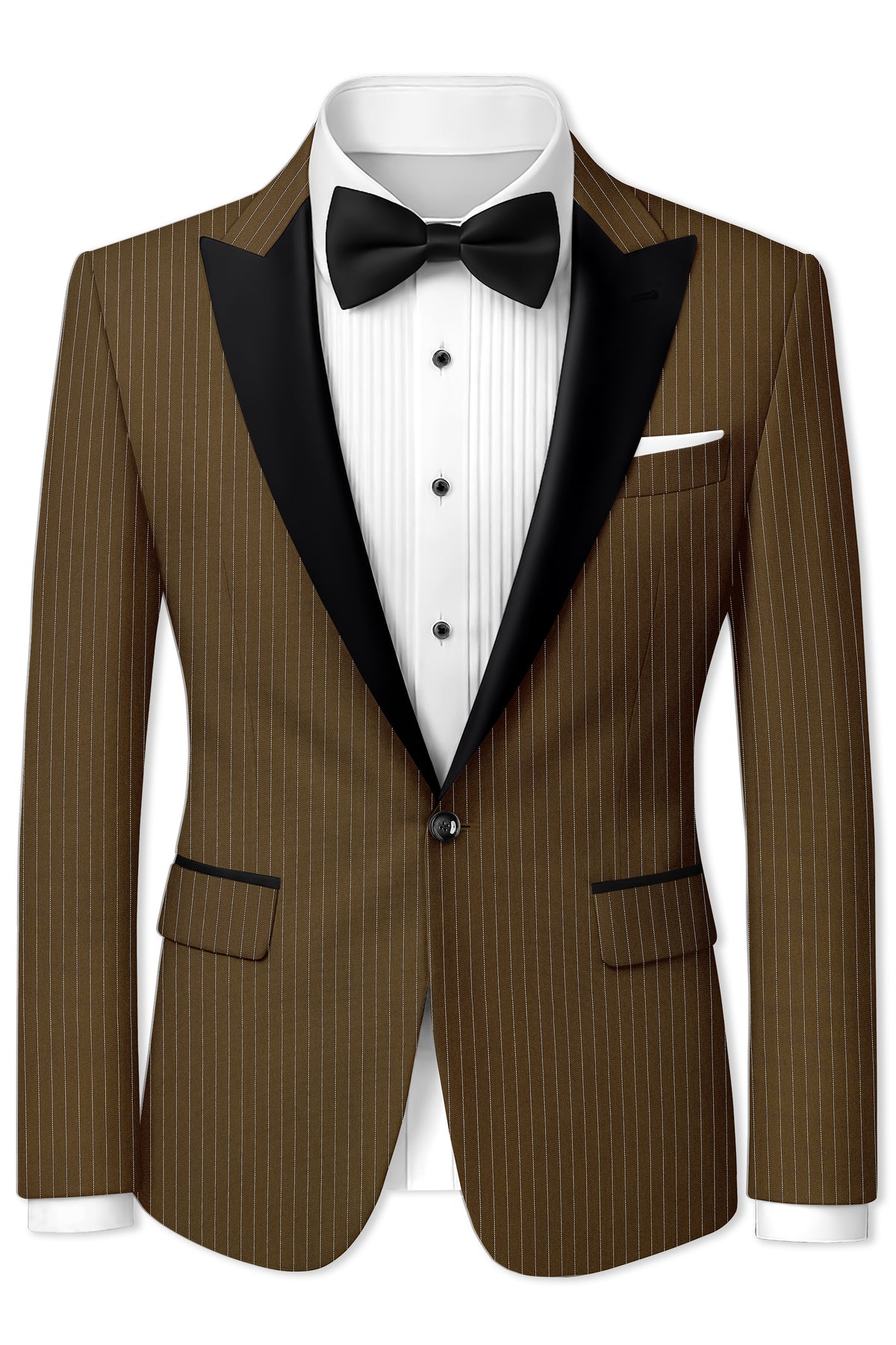 Sable-Antique Brown Chalk Striped Wool Rich Wrinkle-Free Fluid Drape Fabric Peak Lapel Tuxedo Suit