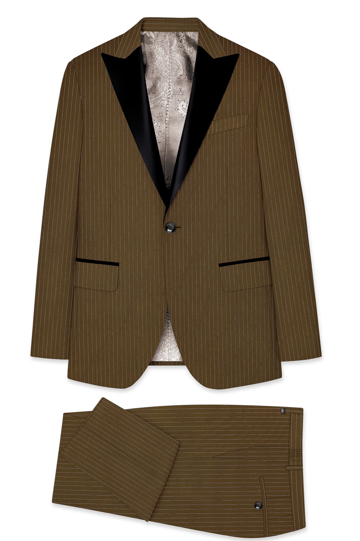 Sable-Antique Brown Chalk Striped Wool Rich Wrinkle-Free Fluid Drape Fabric Peak Lapel Tuxedo Suit