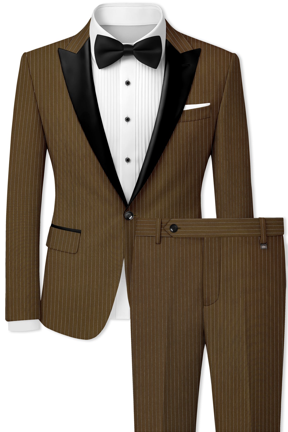 Sable-Antique Brown Chalk Striped Wool Rich Wrinkle-Free Fluid Drape Fabric Peak Lapel Tuxedo Suit