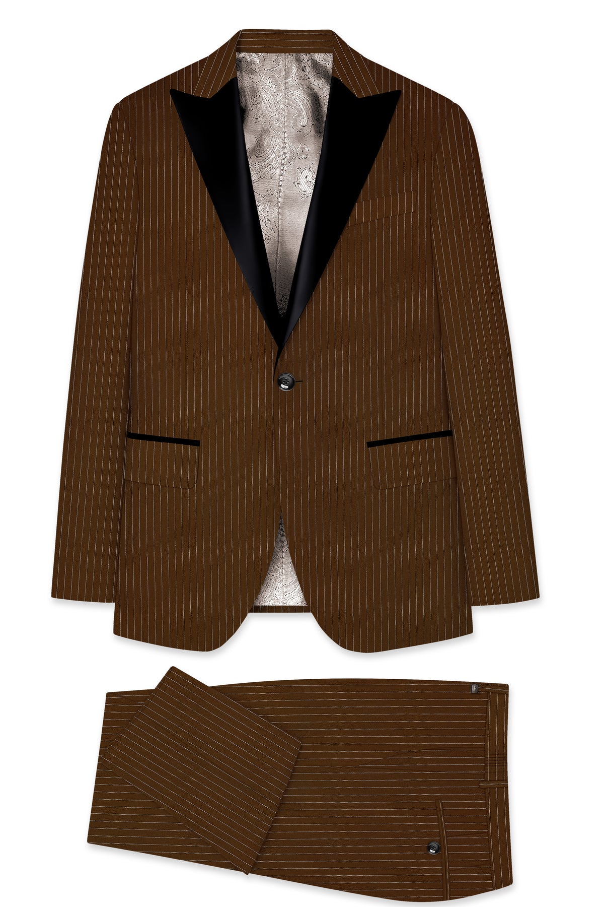 Everton-Clinker Brown Chalk Striped Wool Rich Wrinkle-Free Fluid Drape Fabric Peak Lapel Tuxedo Suit