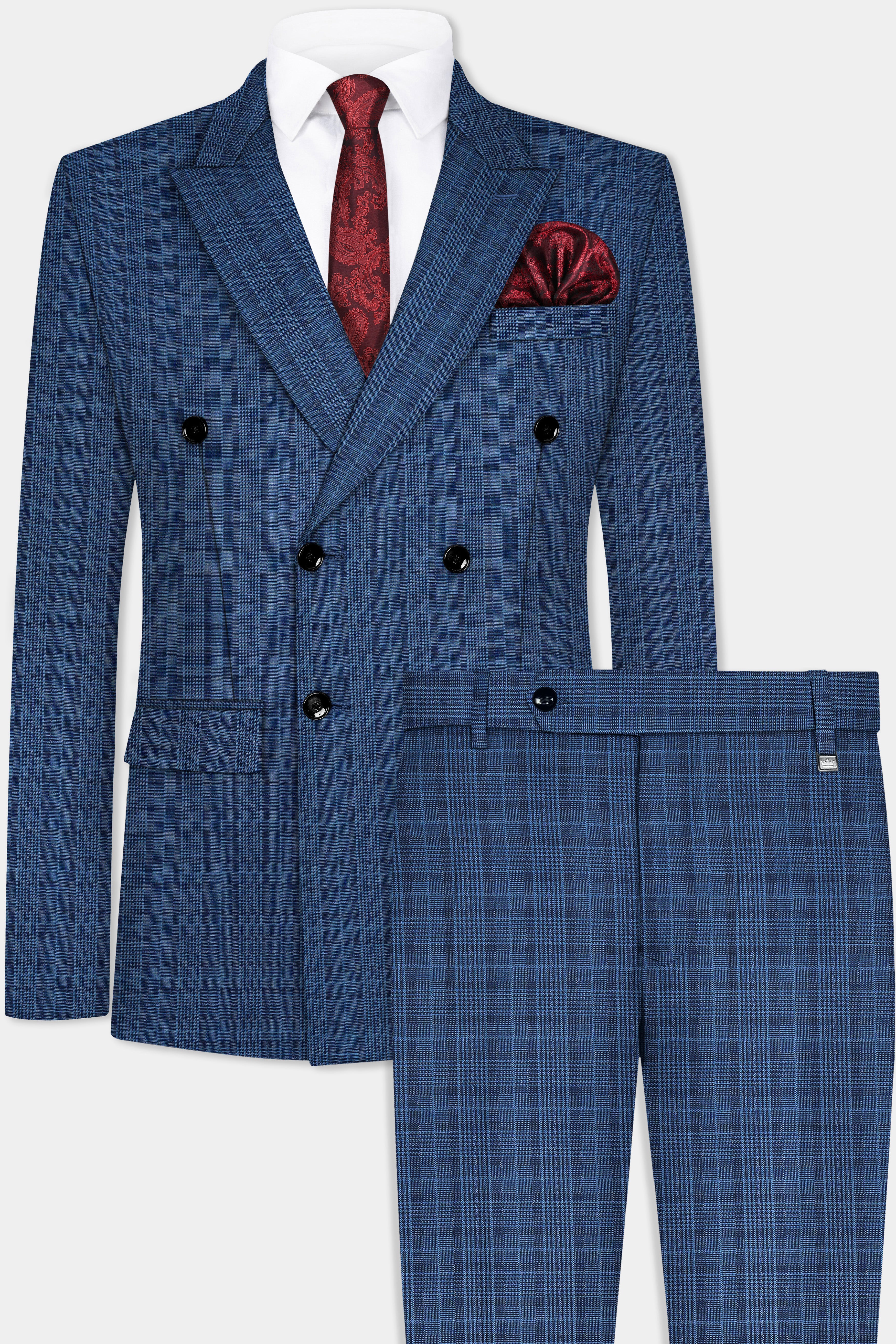 Mid Blue Plaid Double Breasted Suit