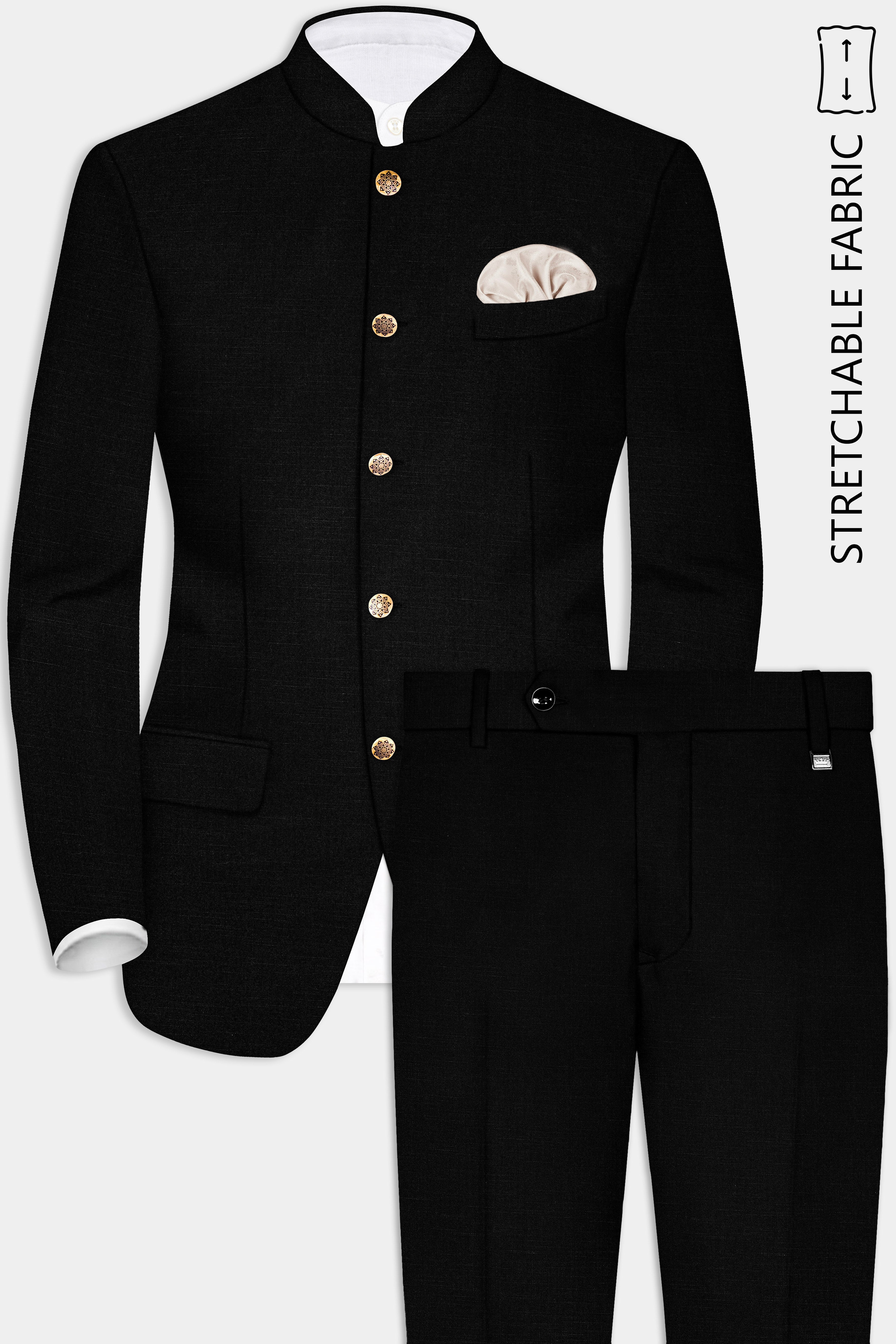 Jade Black Stretchable Subtle Sheen Bandhgala/Mandarin Wool blend Suit