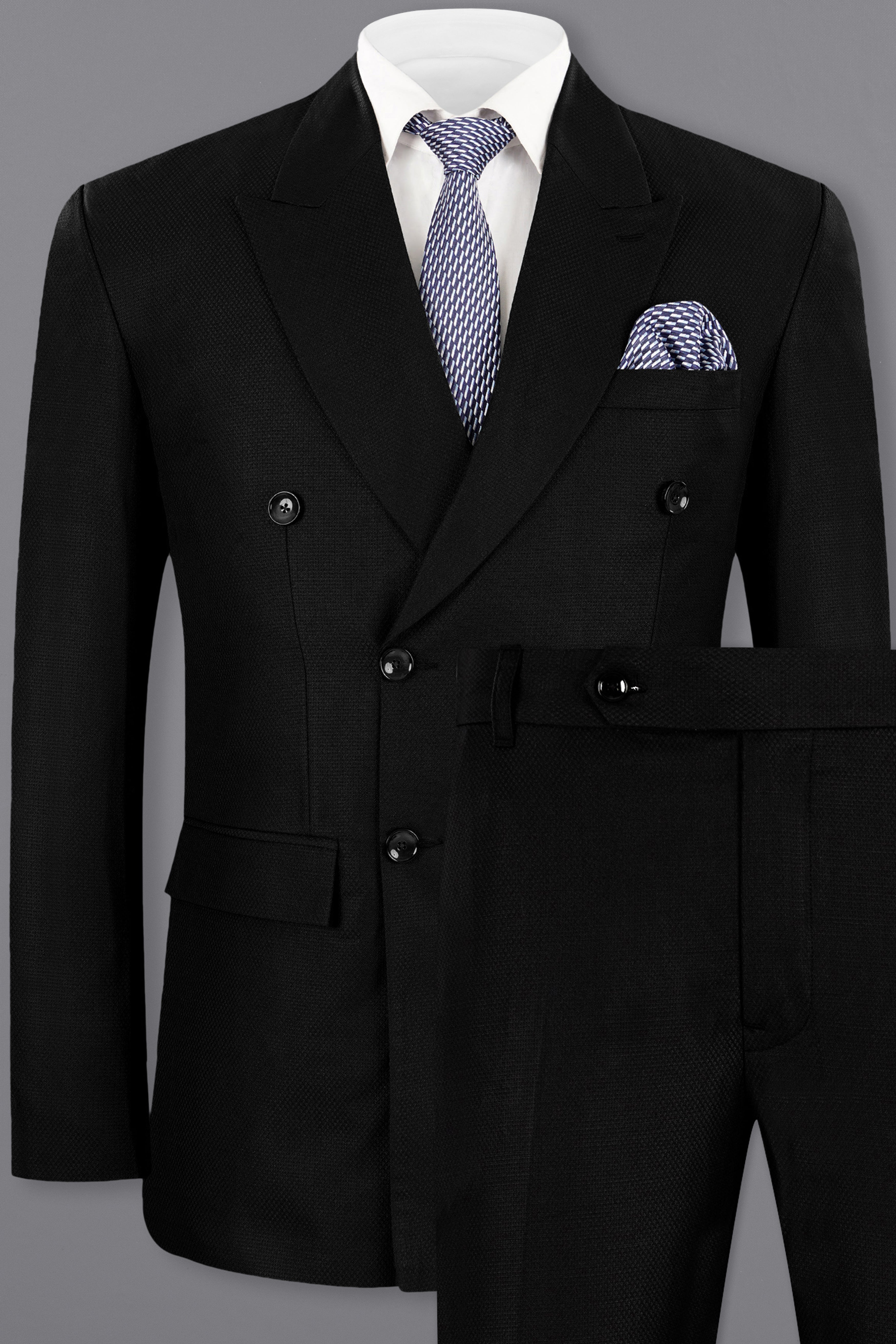 Jade black Diamond Textured Wool Blend Double Breasted Suit