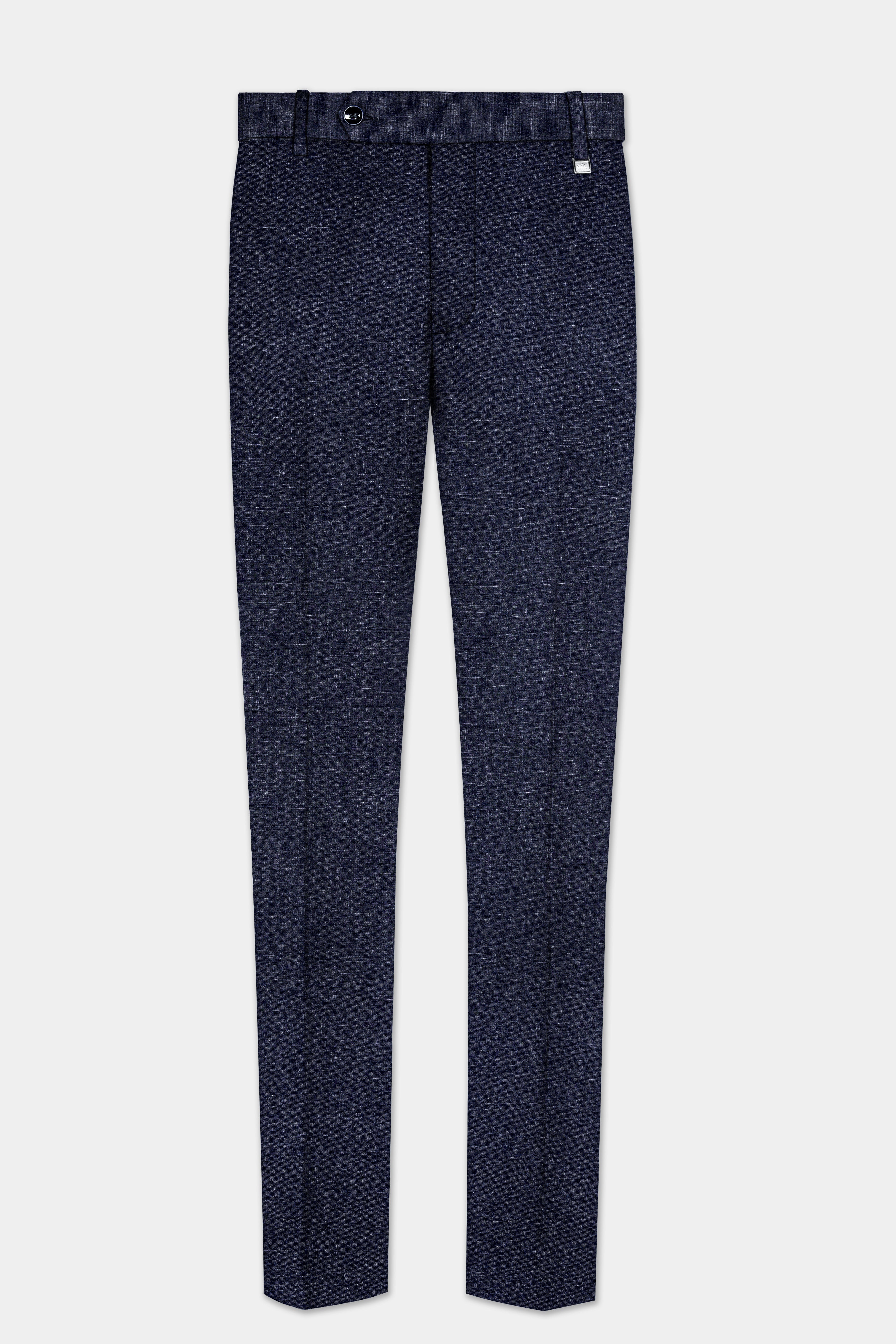 Shark Blue Textured Luxurious Linen Stretchable Waistband Pant