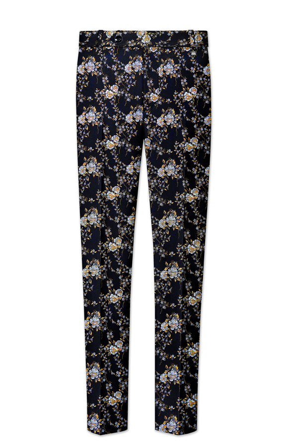 Chambray Blue with White Rose & Lily Textured  Textured Stretchable Waistband Pant