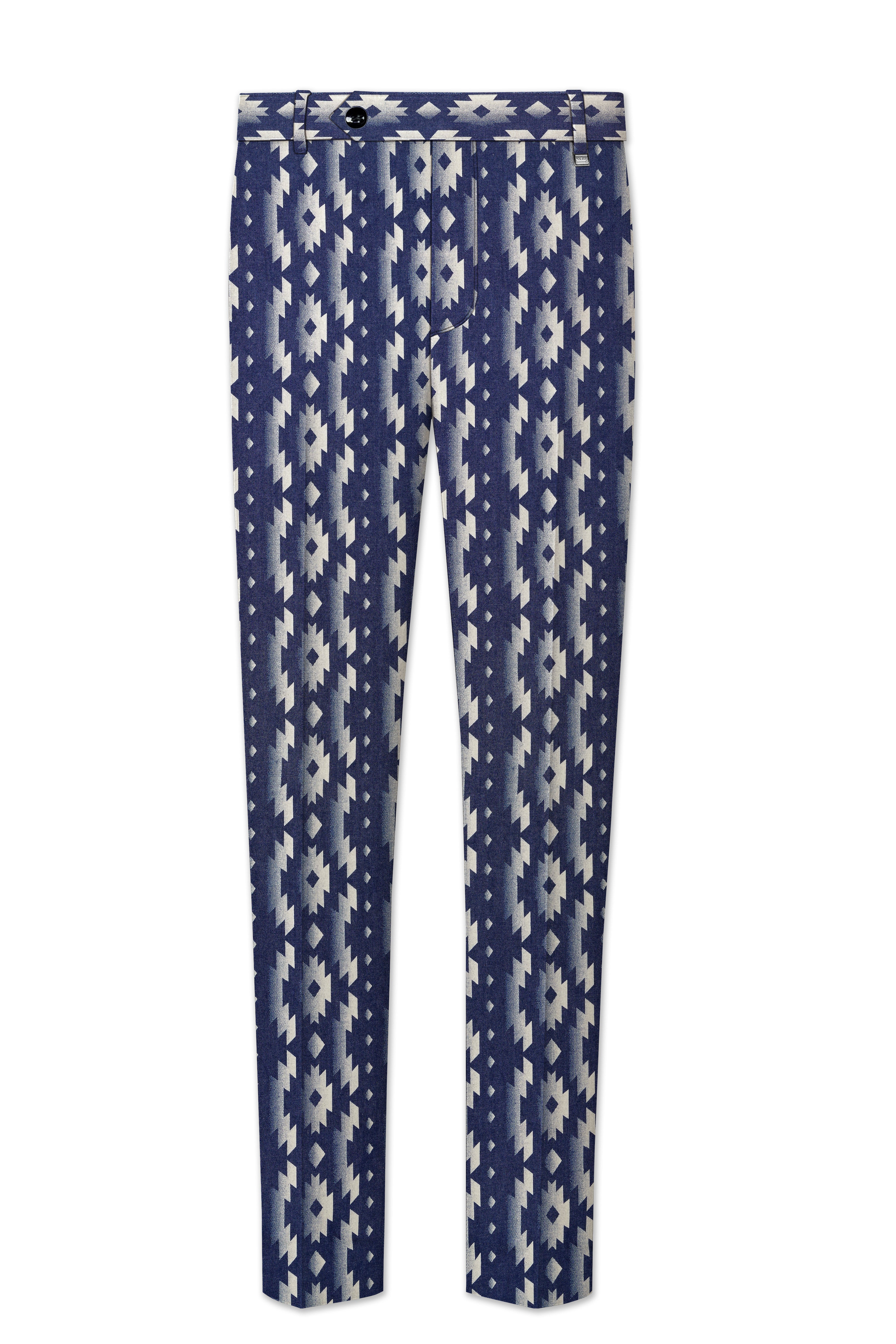 Gunmetal Blue with Nobel Cream Iktat Printed Cotton Stretchable Waistband Pant
