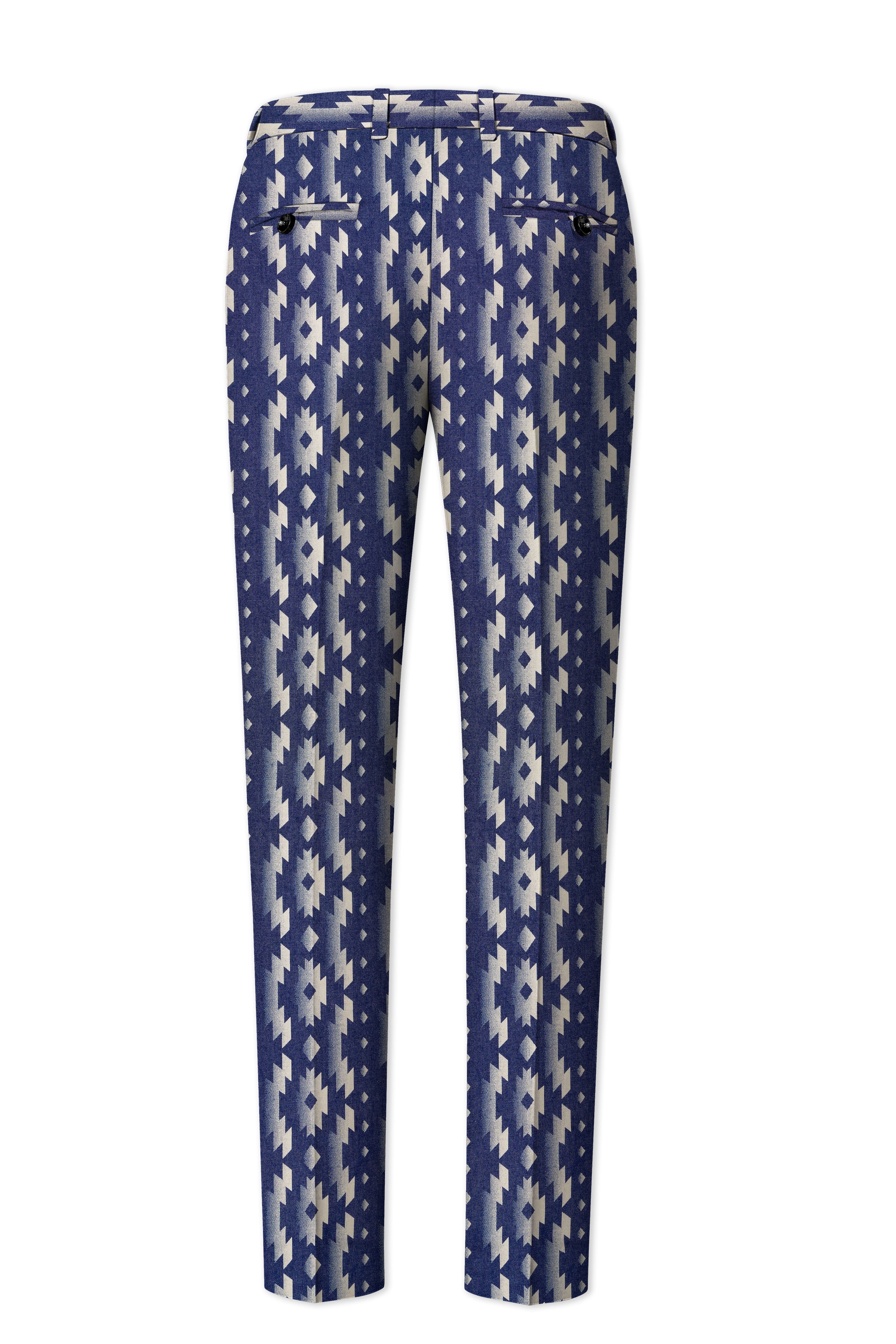 Gunmetal Blue with Nobel Cream Iktat Printed Cotton Stretchable Waistband Pant
