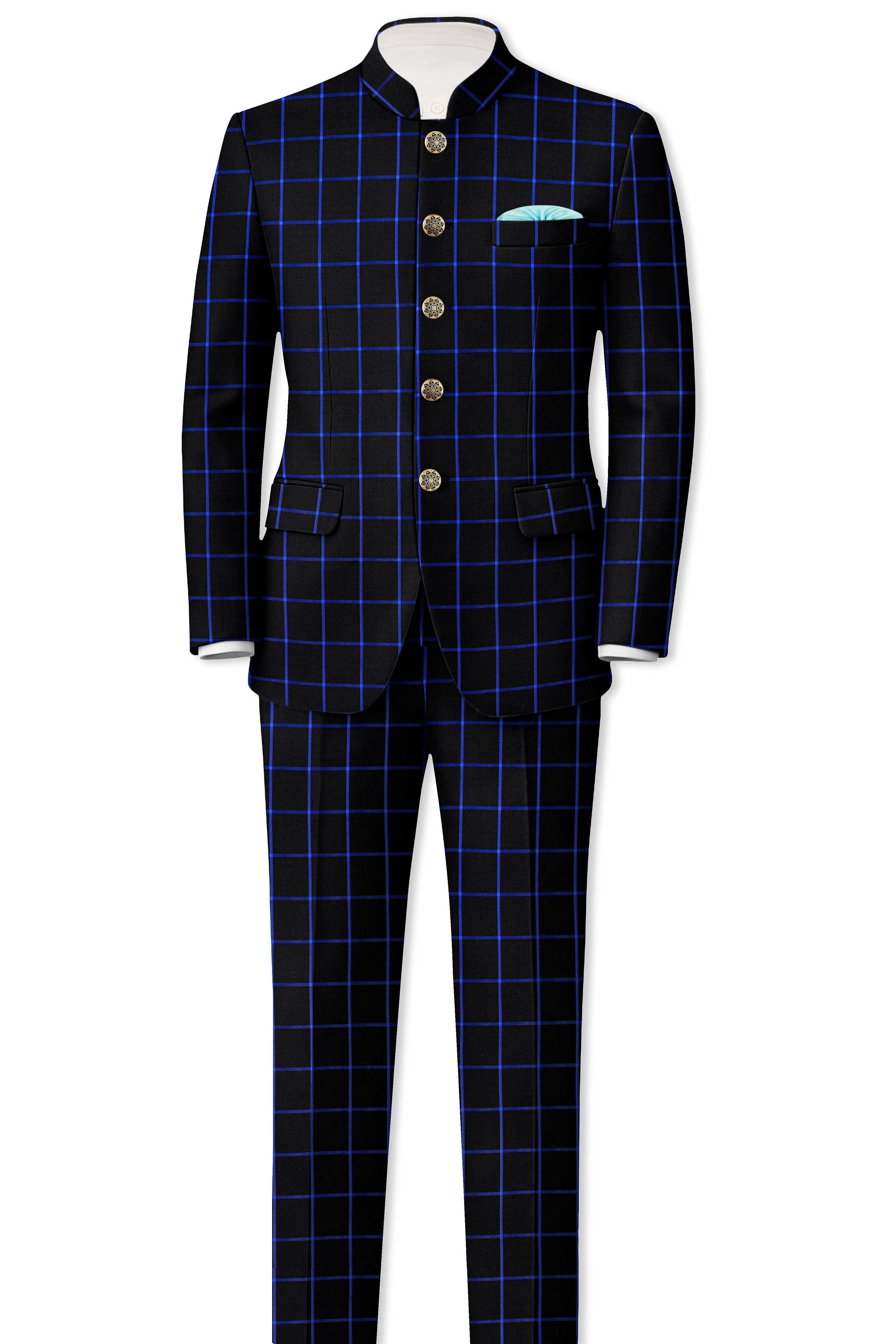 Jade Black with Cerulean Blue Windowpane Wool Rich Pant
