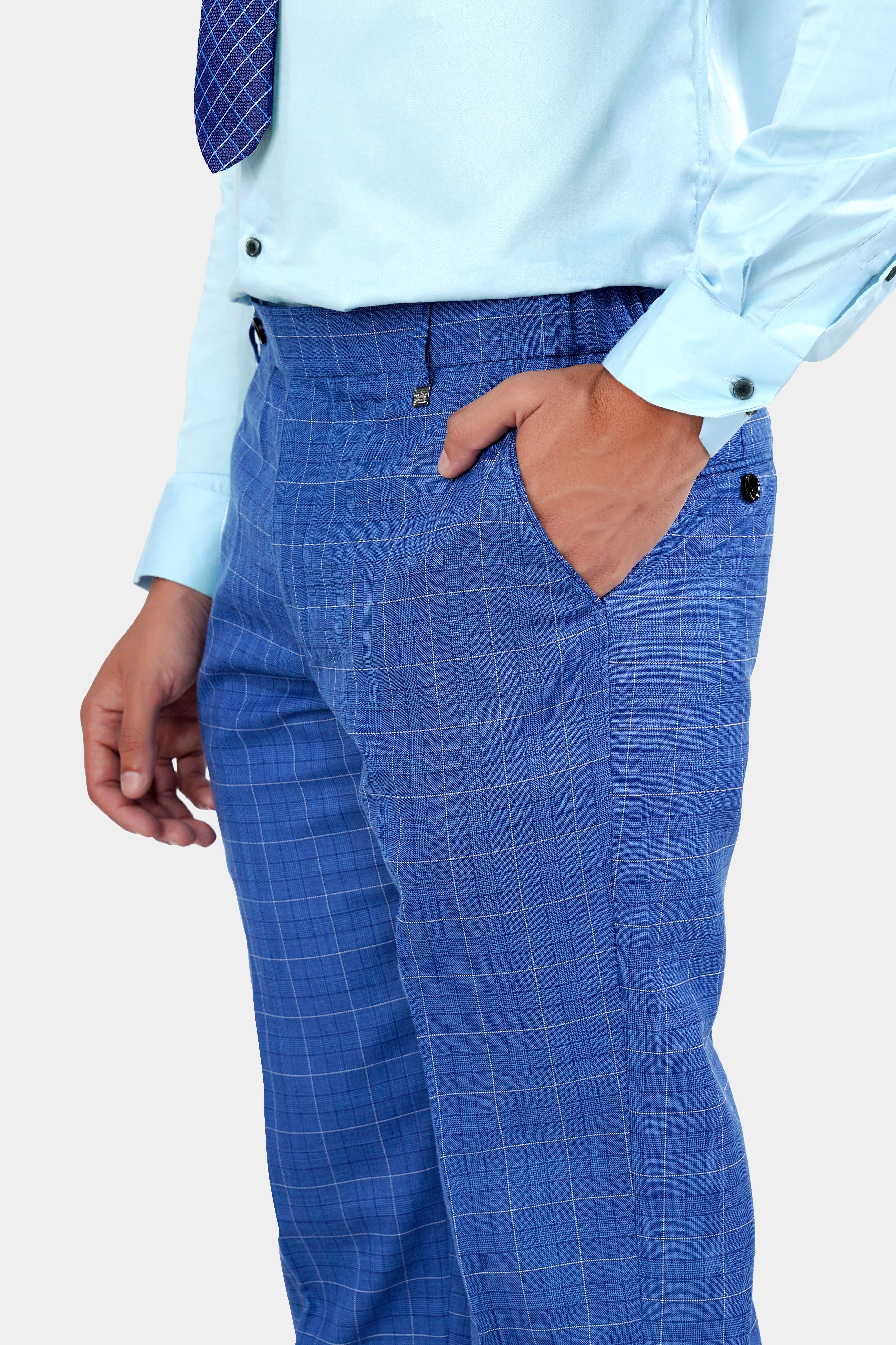 Featherlight Wool Royal Blue Check Pant in Mumbai at best price by