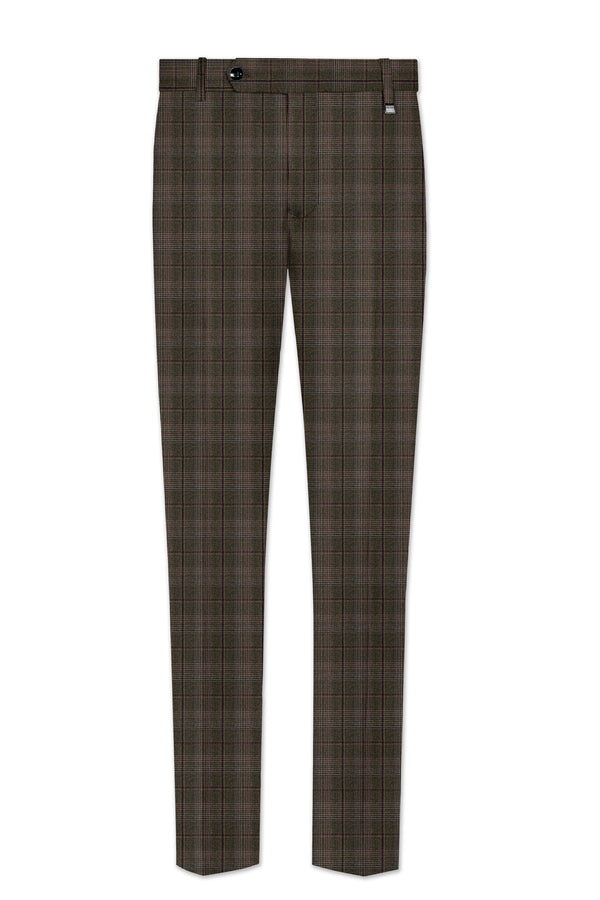 Fuscous Green and Bistre Brown Plaid Wool Rich Stretchable Pant