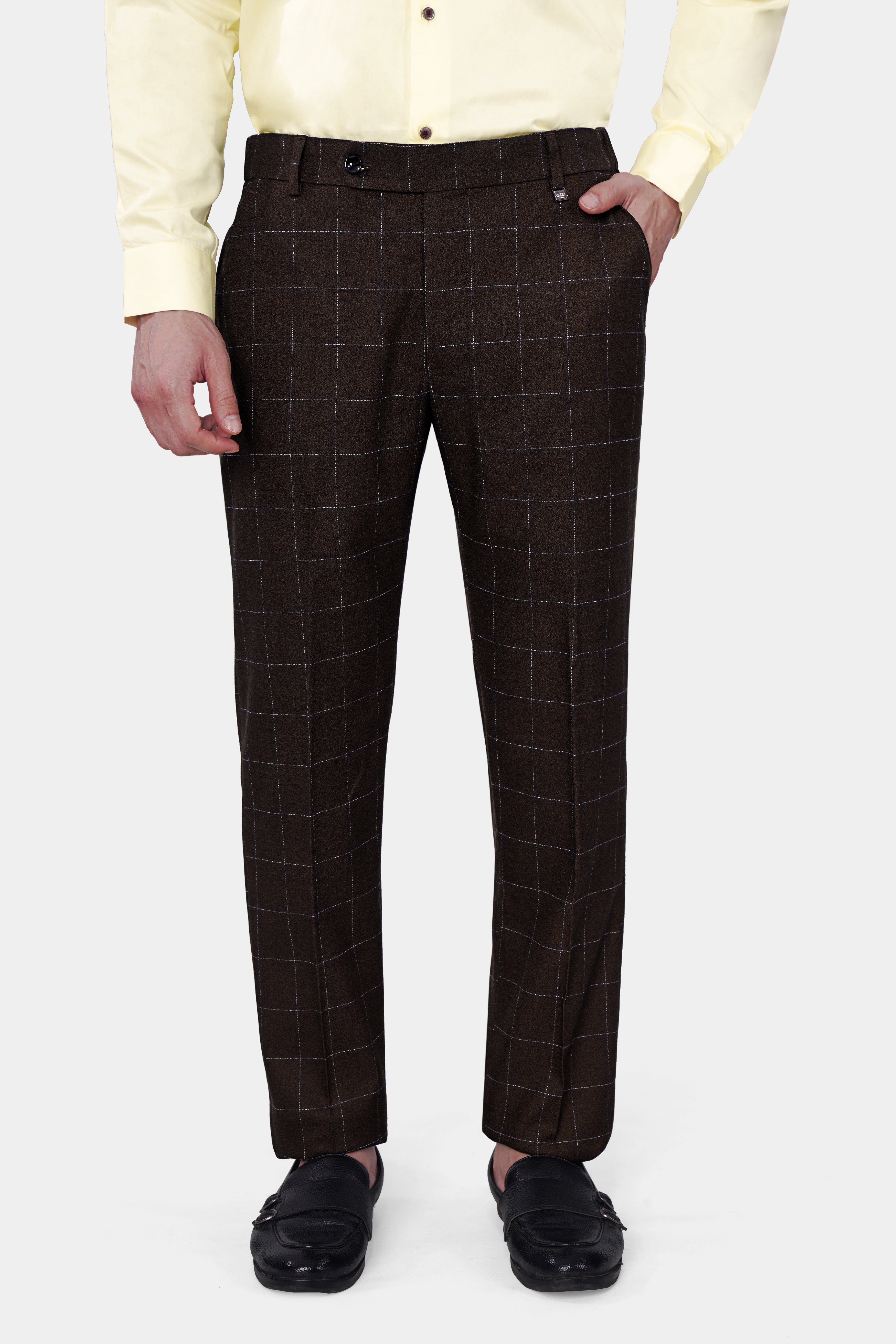 Chicory Brown Checks-Plaid Premium Wool-Blend Pant For Men