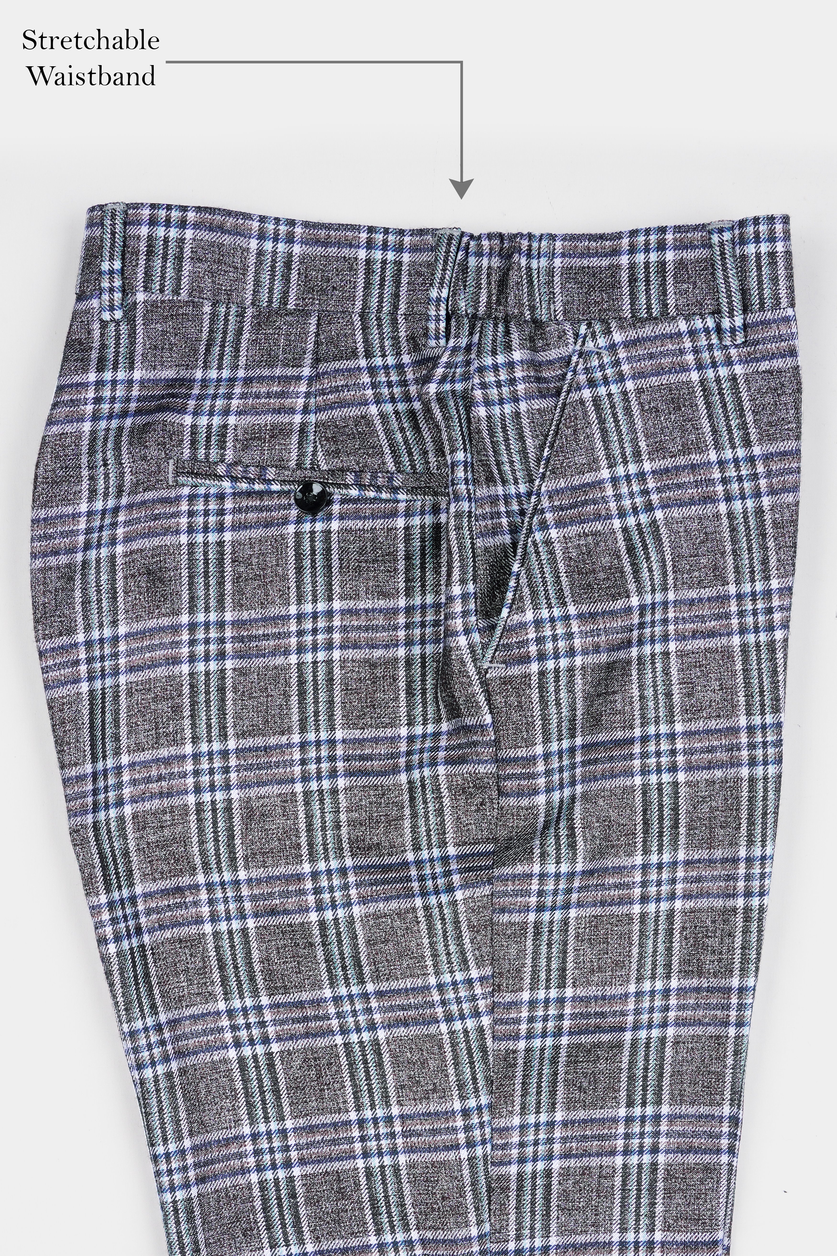 Ironside Grey and Cloud Burst Blue Plaid Wool Rich Stretchable Waistband Pant T3073-SW-28, T3073-SW-30, T3073-SW-32, T3073-SW-34, T3073-SW-36, T3073-SW-38, T3073-SW-40, T3073-SW-42, T3073-SW-44