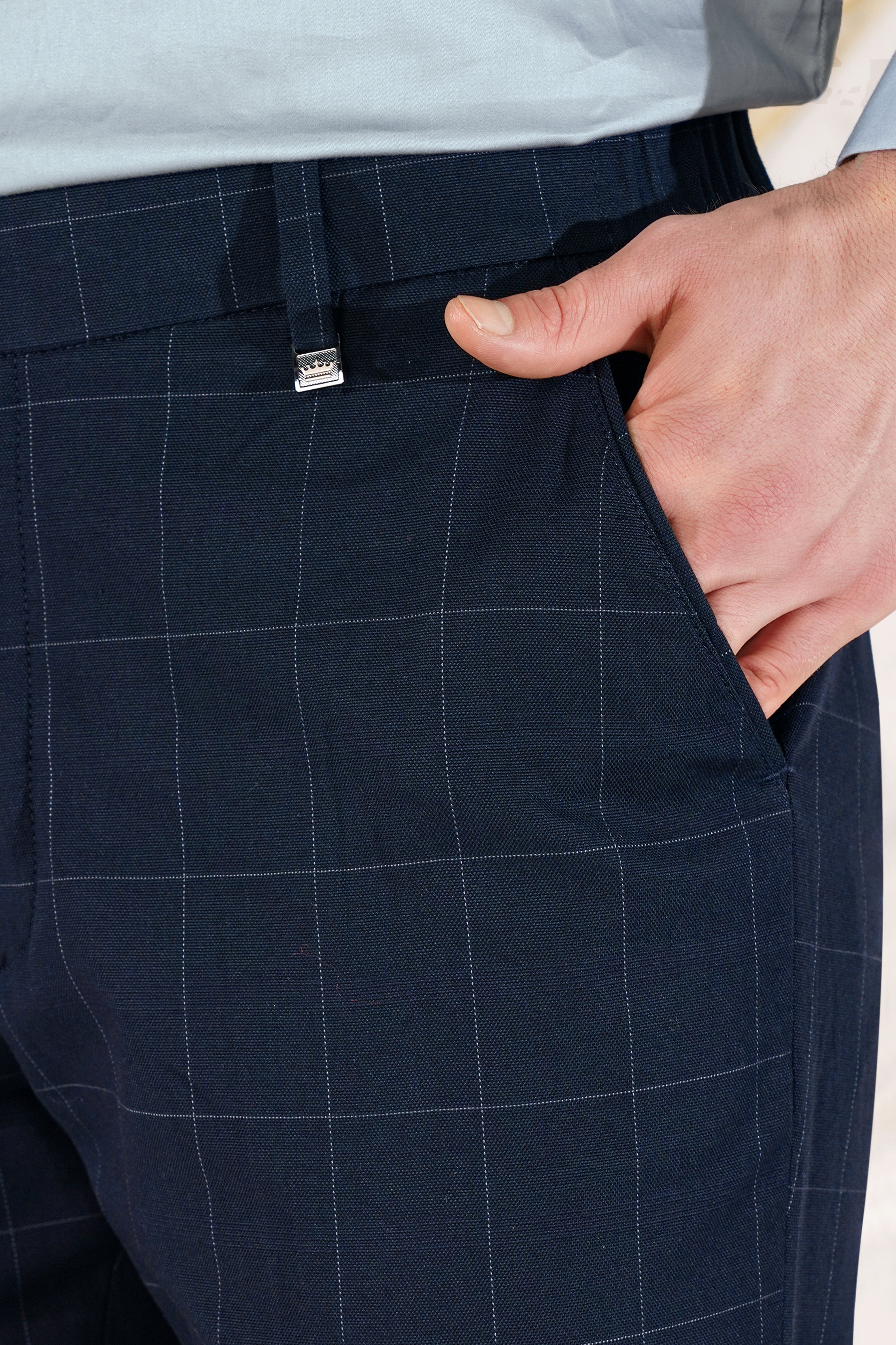 Ebony Blue and Bright White Windowpane Stretchable Waistband Premium Cotton Pant
