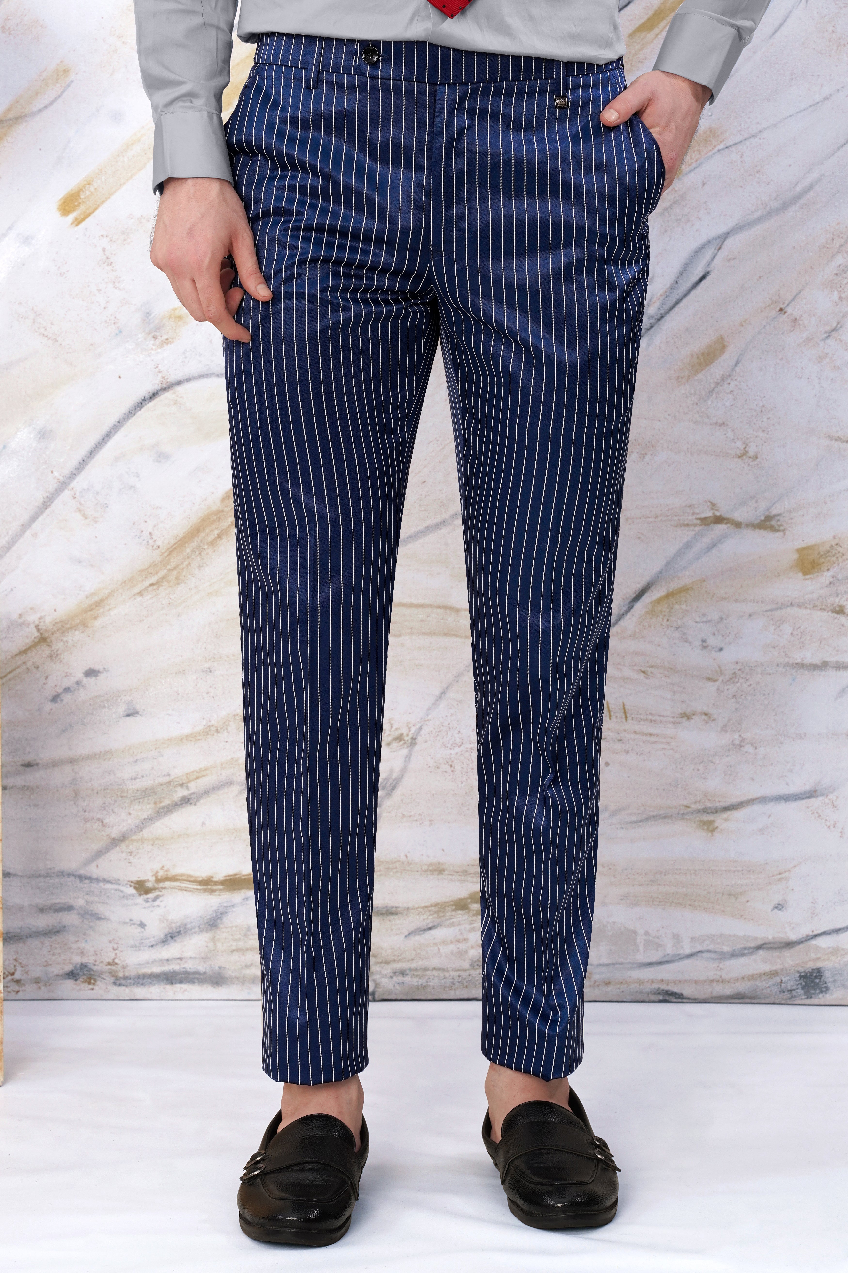 Cinder Blue and White Striped Wool Rich Stretchable Waistband Pant