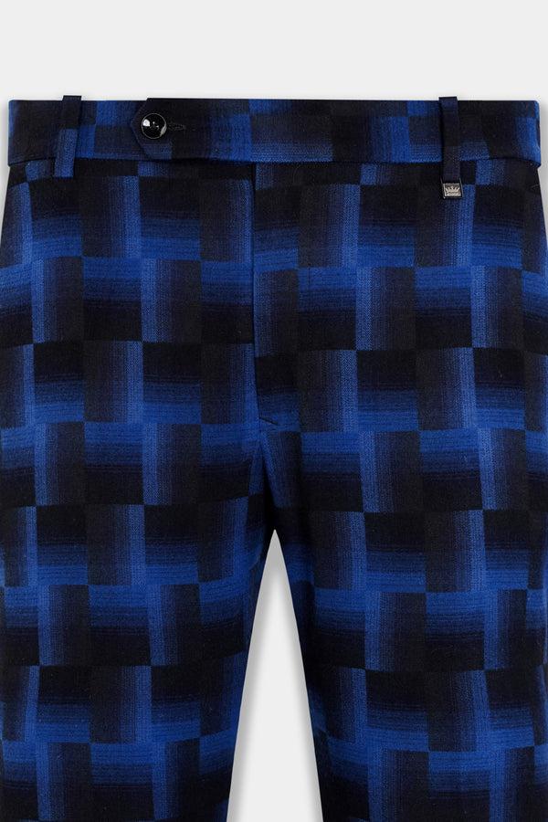 Marine Blue and Black Geometric Pattern Wool Rich Stretchable Waistband Pant