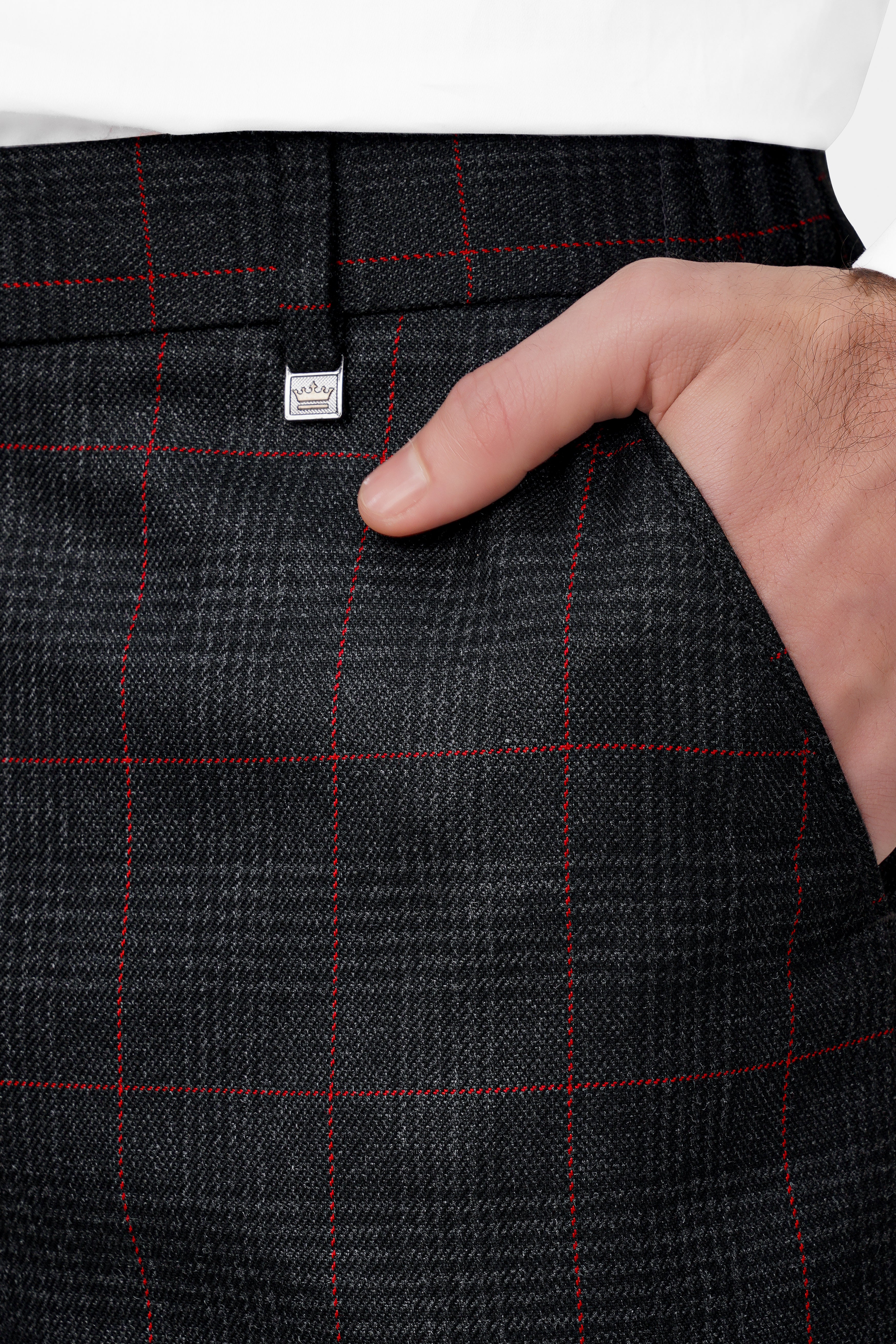 Bunker Black and Maple Red Windowpane Tweed Stretchable Waistband Pant