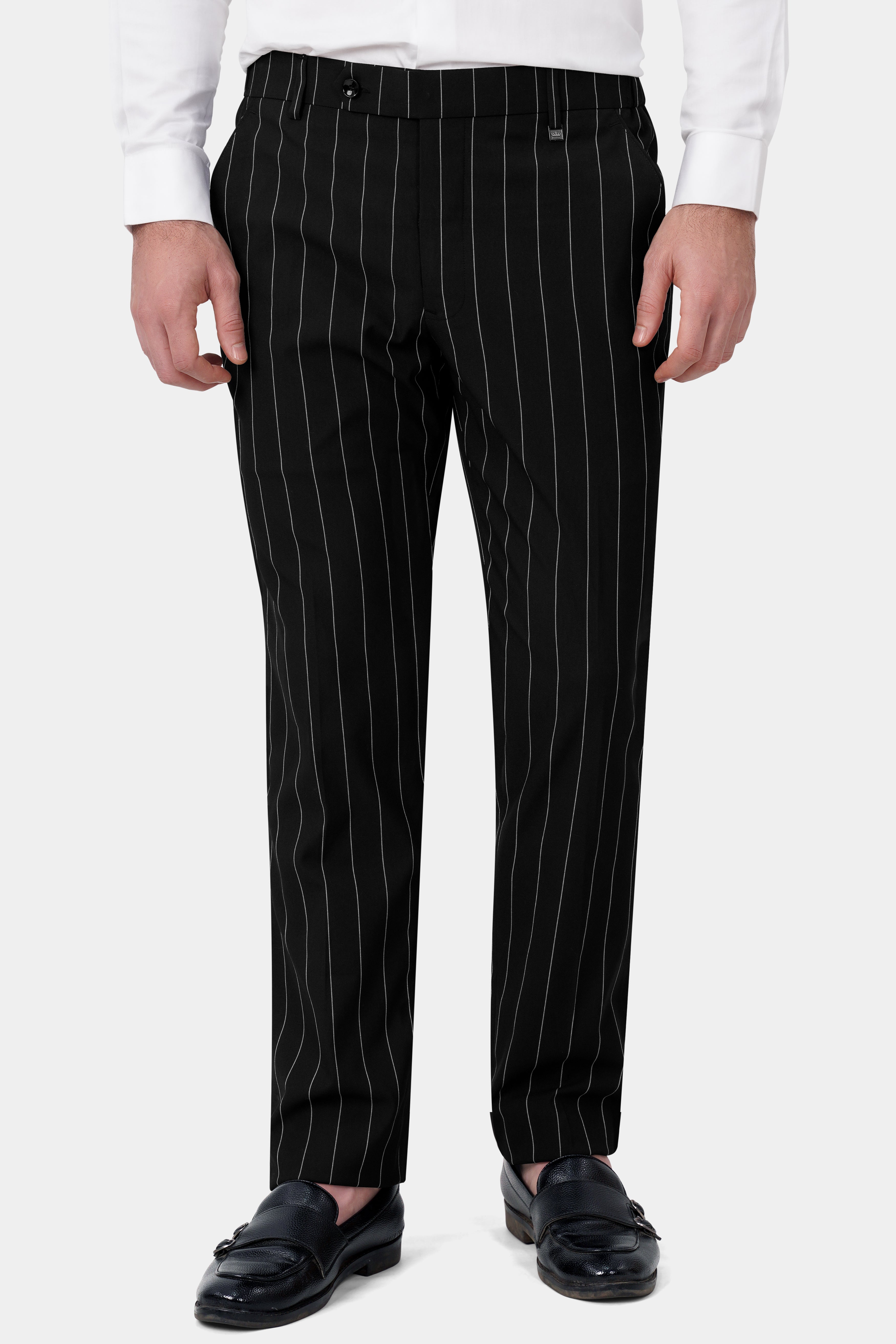 Jade Black and White Striped Wool Rich Stretchable Waistband Pant