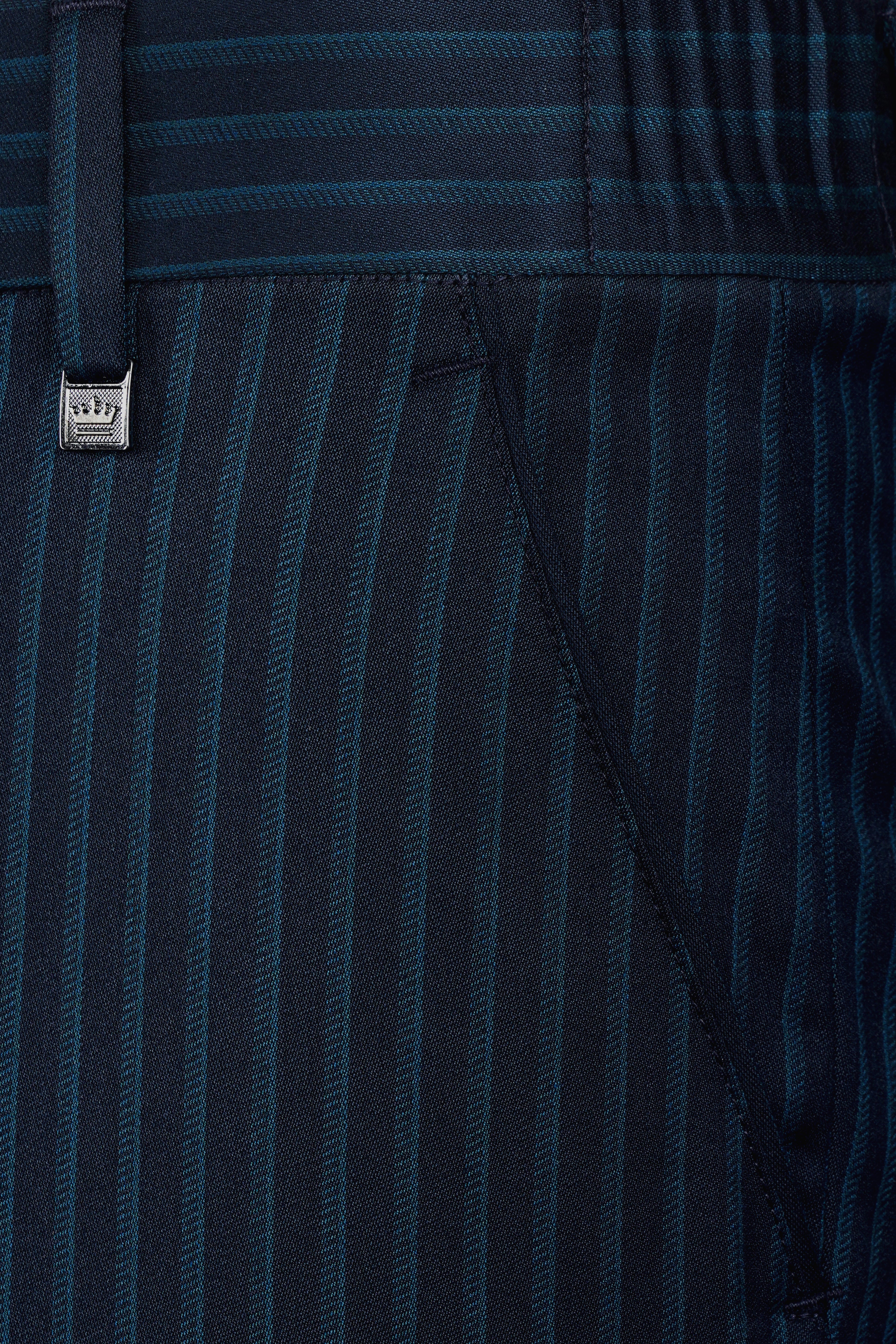 Ebony Blue and Marine Blue Pin Striped Wool Rich Stretchable Waistband Pant