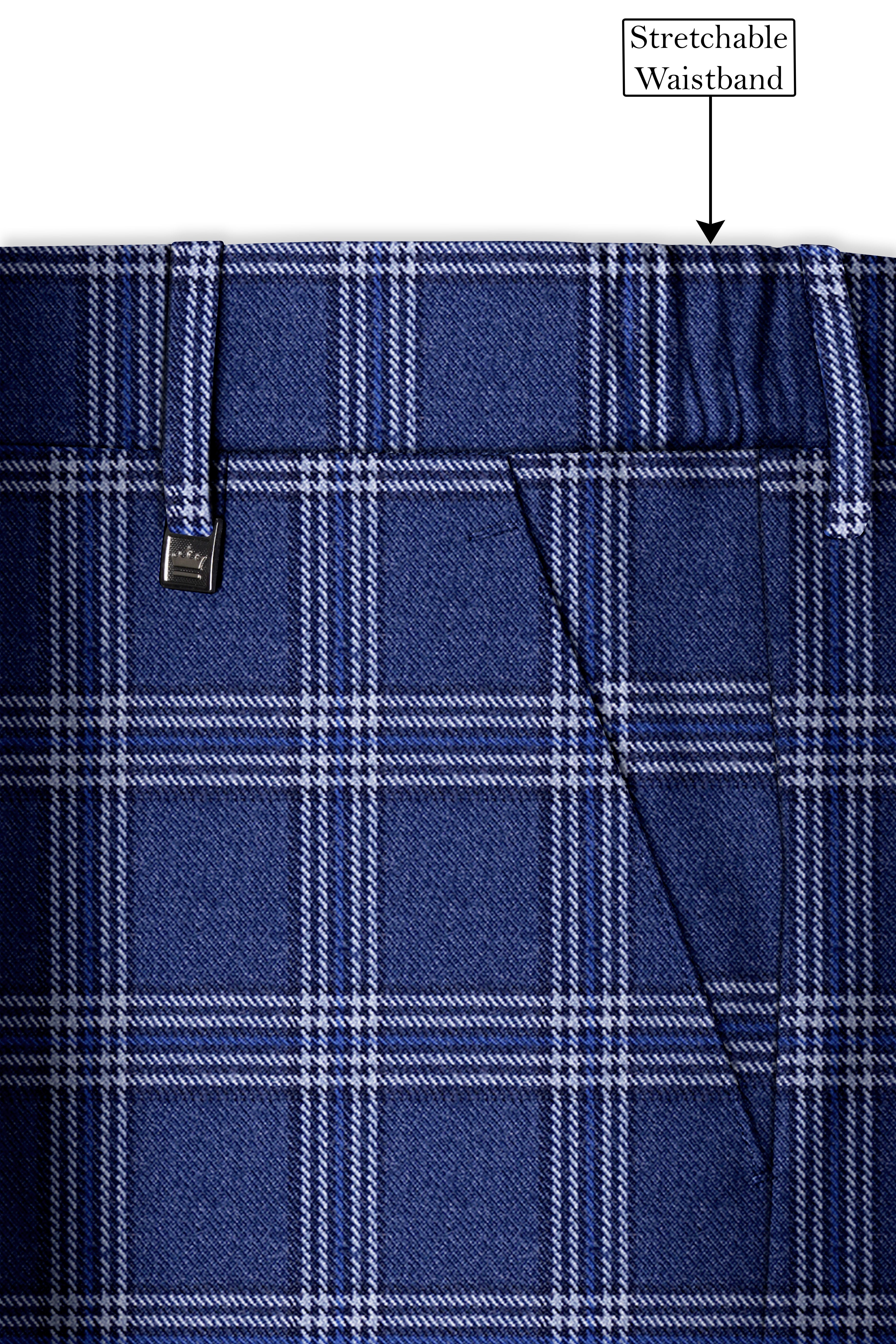 Cloud Blue and White Plaid Tweed Stretchable Waistband Pant