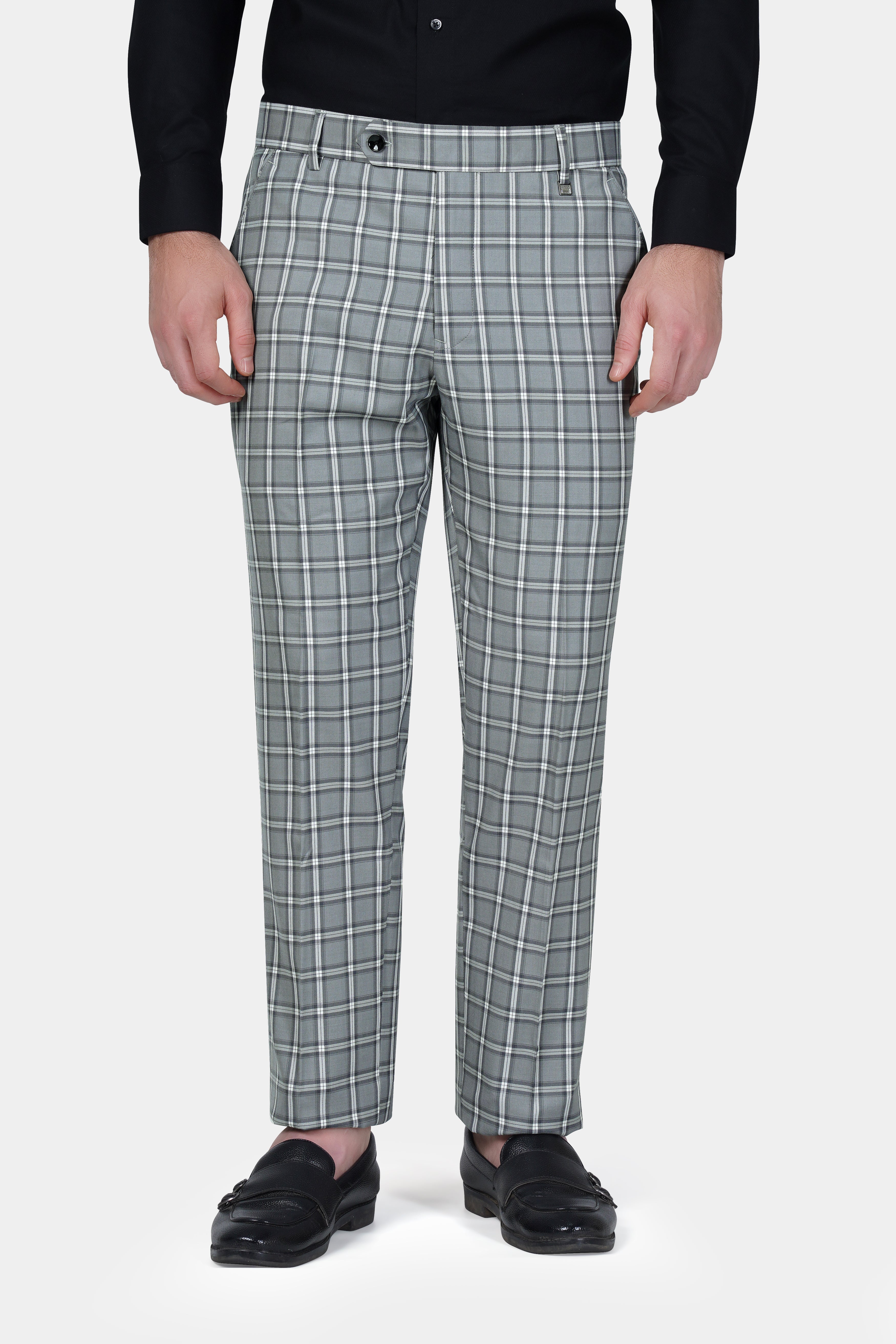 Pewter Gray and White Windowpane Wool Rich Pant
