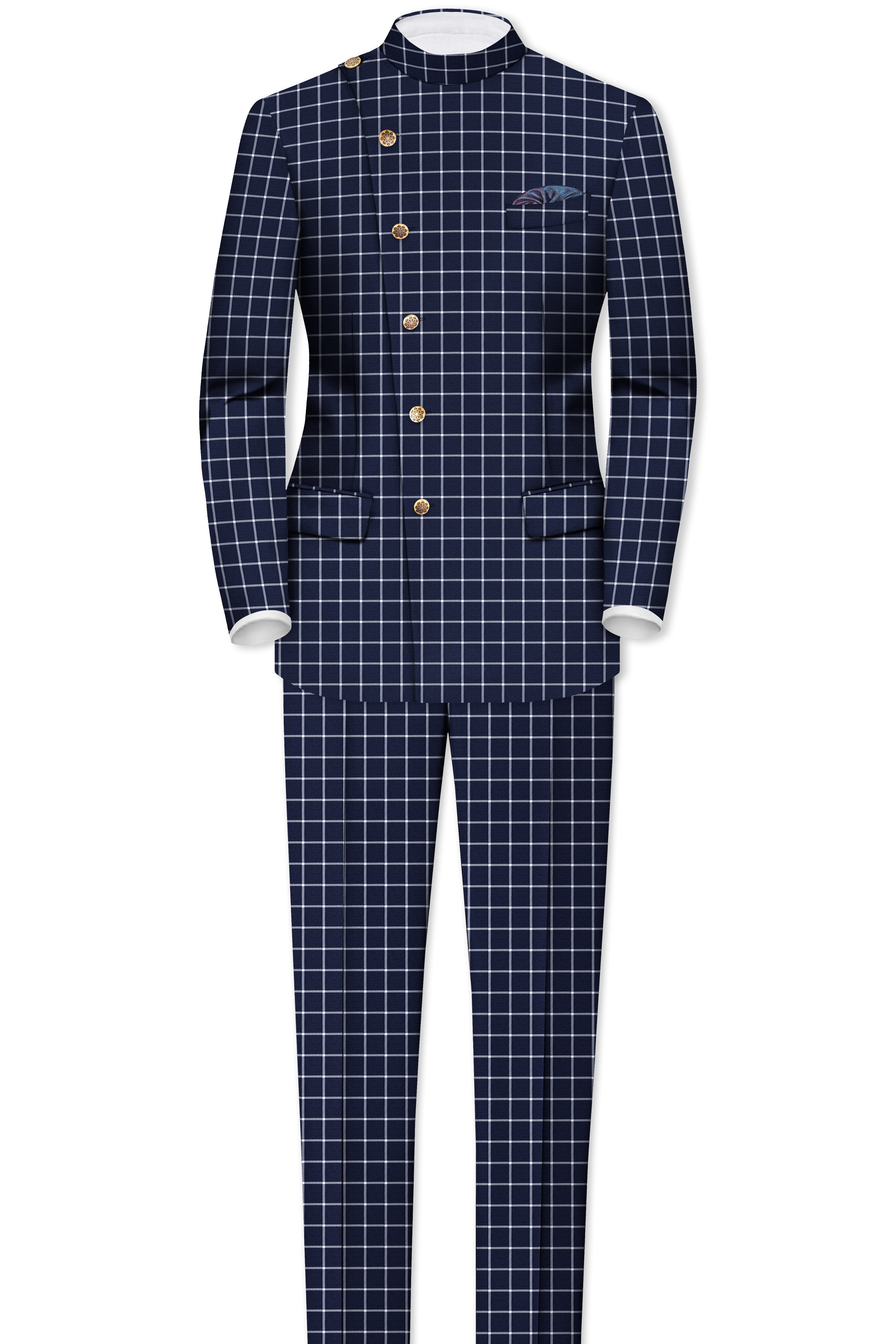 Admiral Blue and White Windowpane Wool Rich Pant