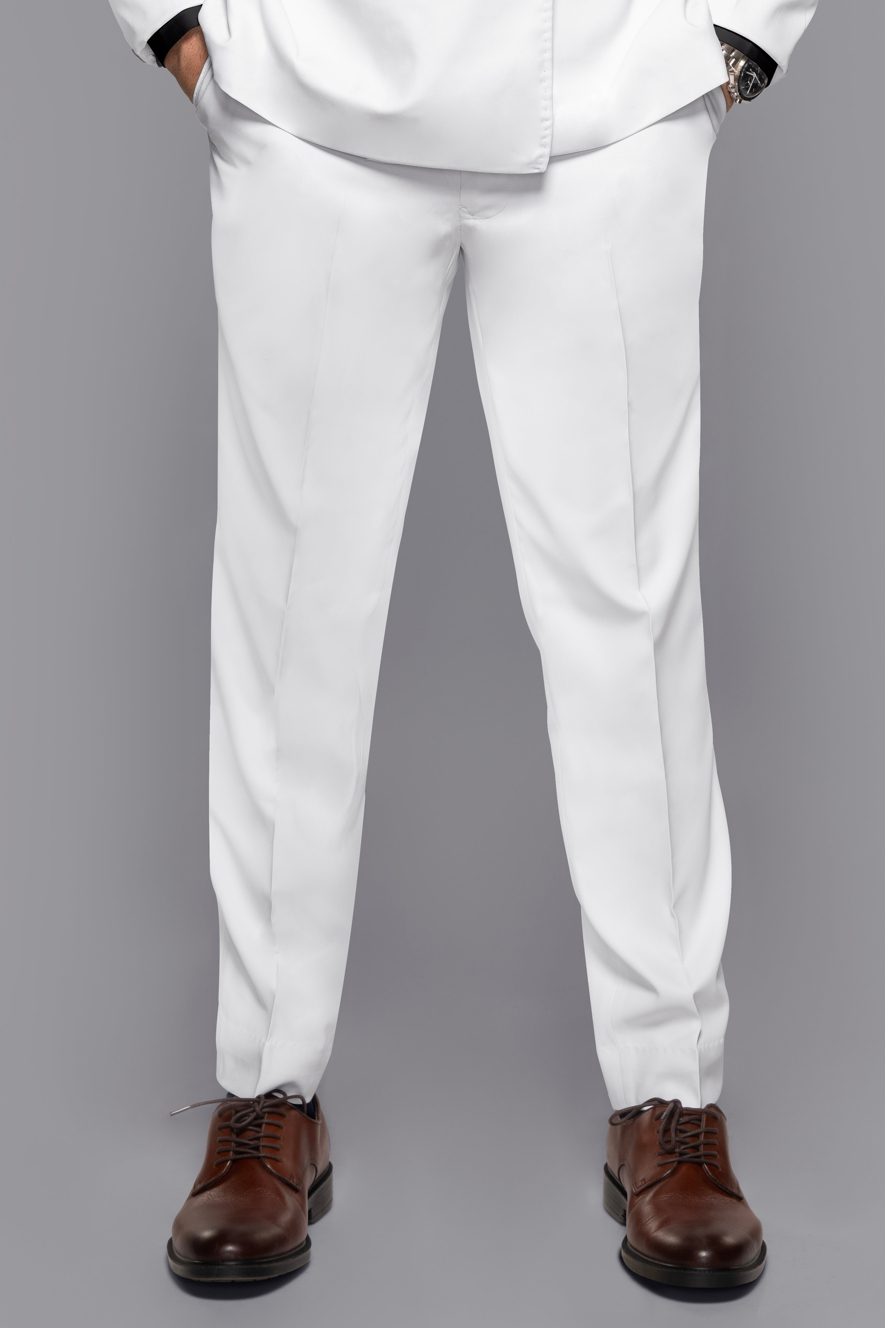 White Plain Solid Regular Fit Terry Rayon Pants For Men