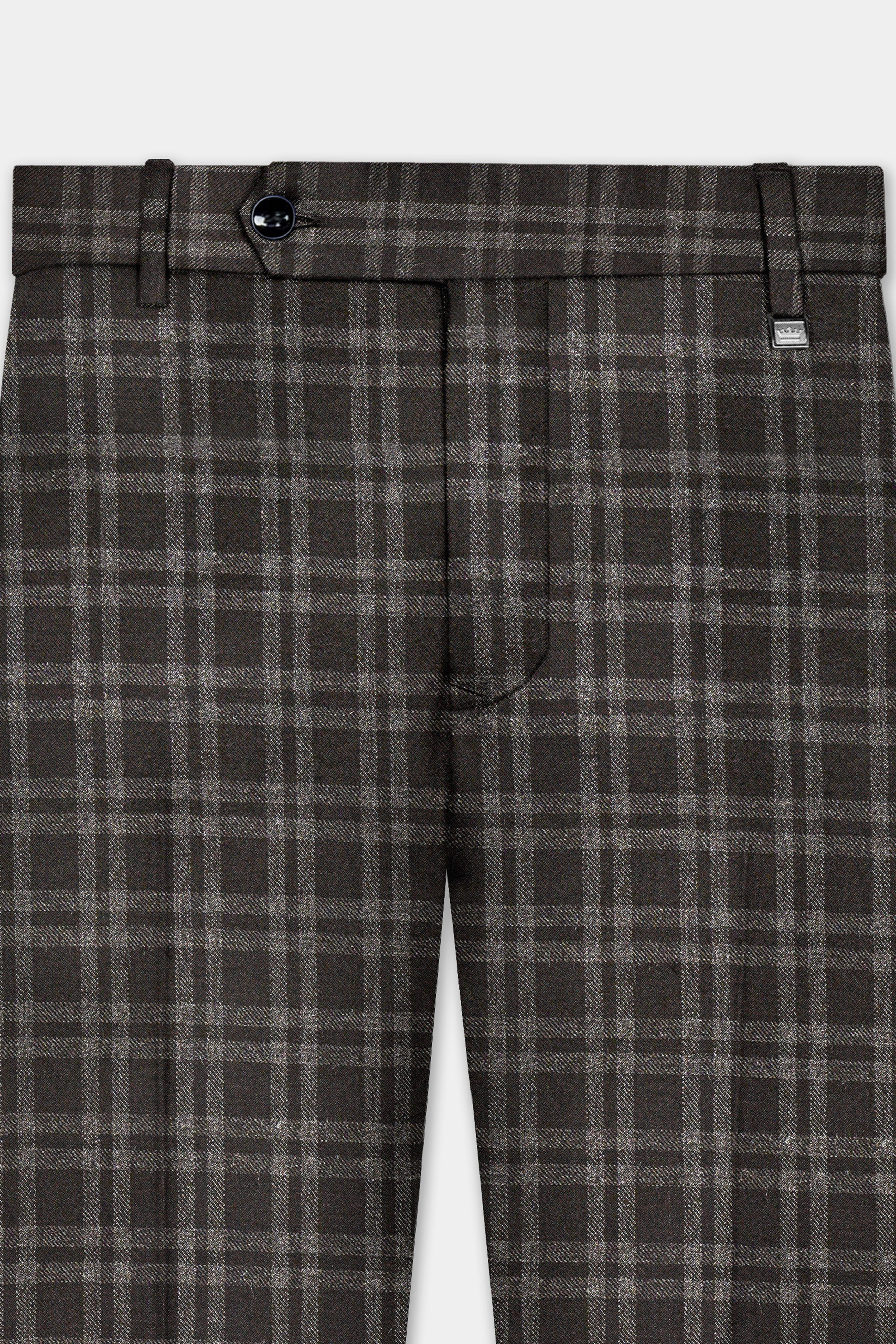 Espresso Brown Plaid Wool Blend Stretchable Waistband Pant