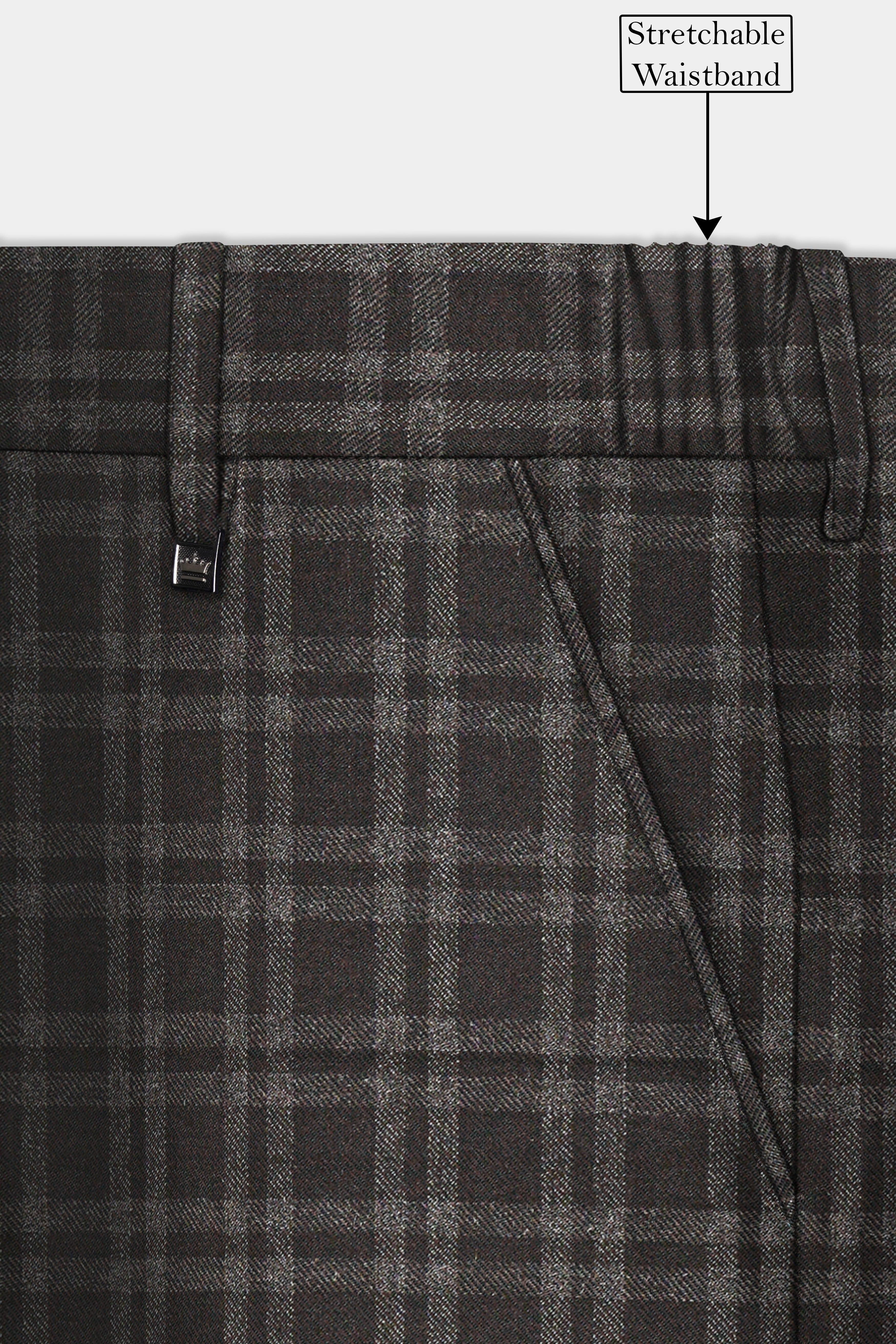 Espresso Brown Plaid Wool Blend Stretchable Waistband Pant