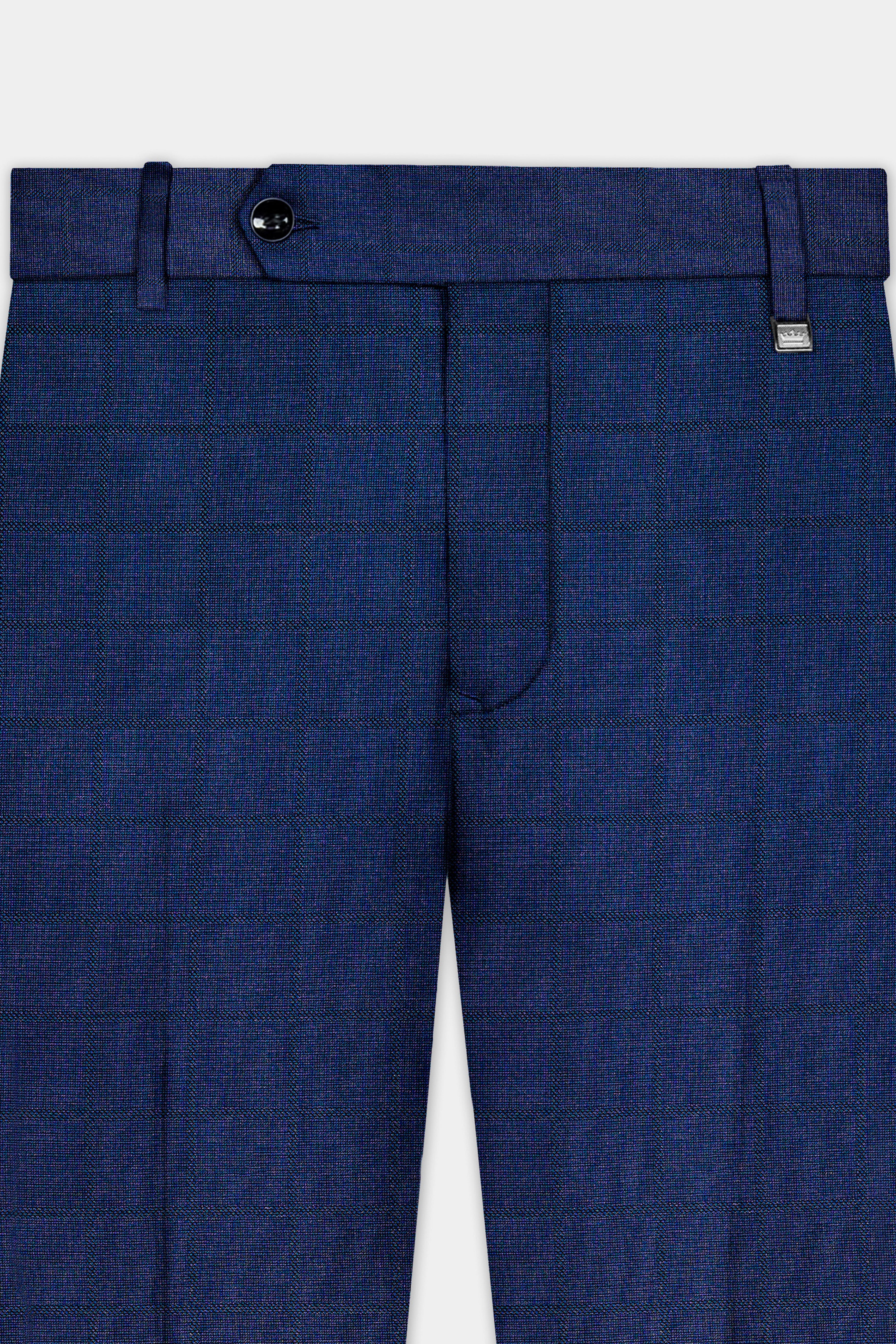 Tealish Blue Plaid Wool Rich Stretchable Waistband Pant