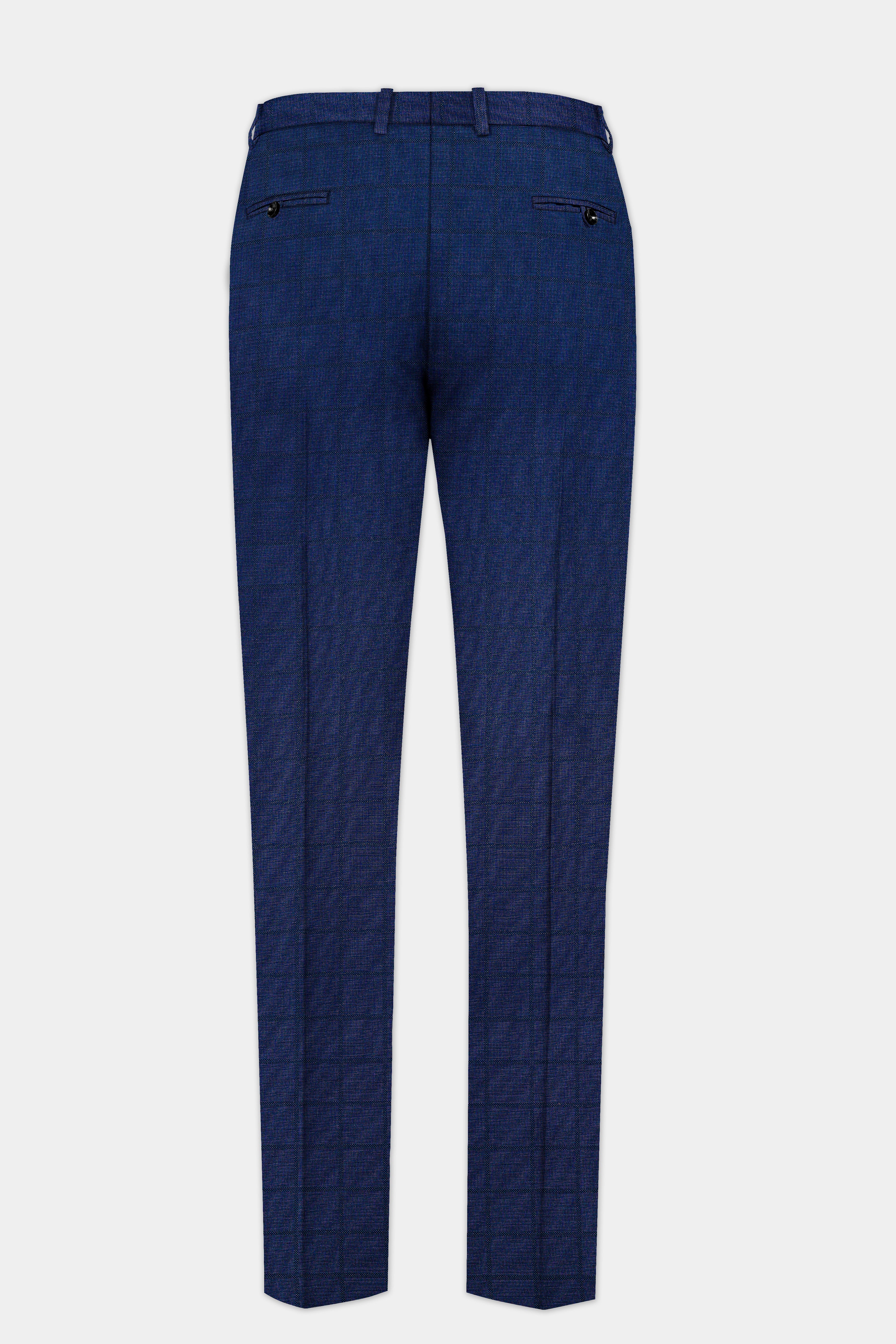 Tealish Blue Plaid Wool Rich Stretchable Waistband Pant