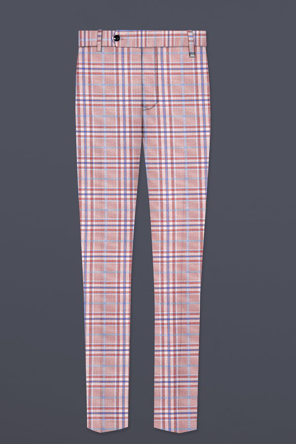 Turkish Rose Pink And Wild Blue Plaid Wool Rich Stretchable Waistband Pant