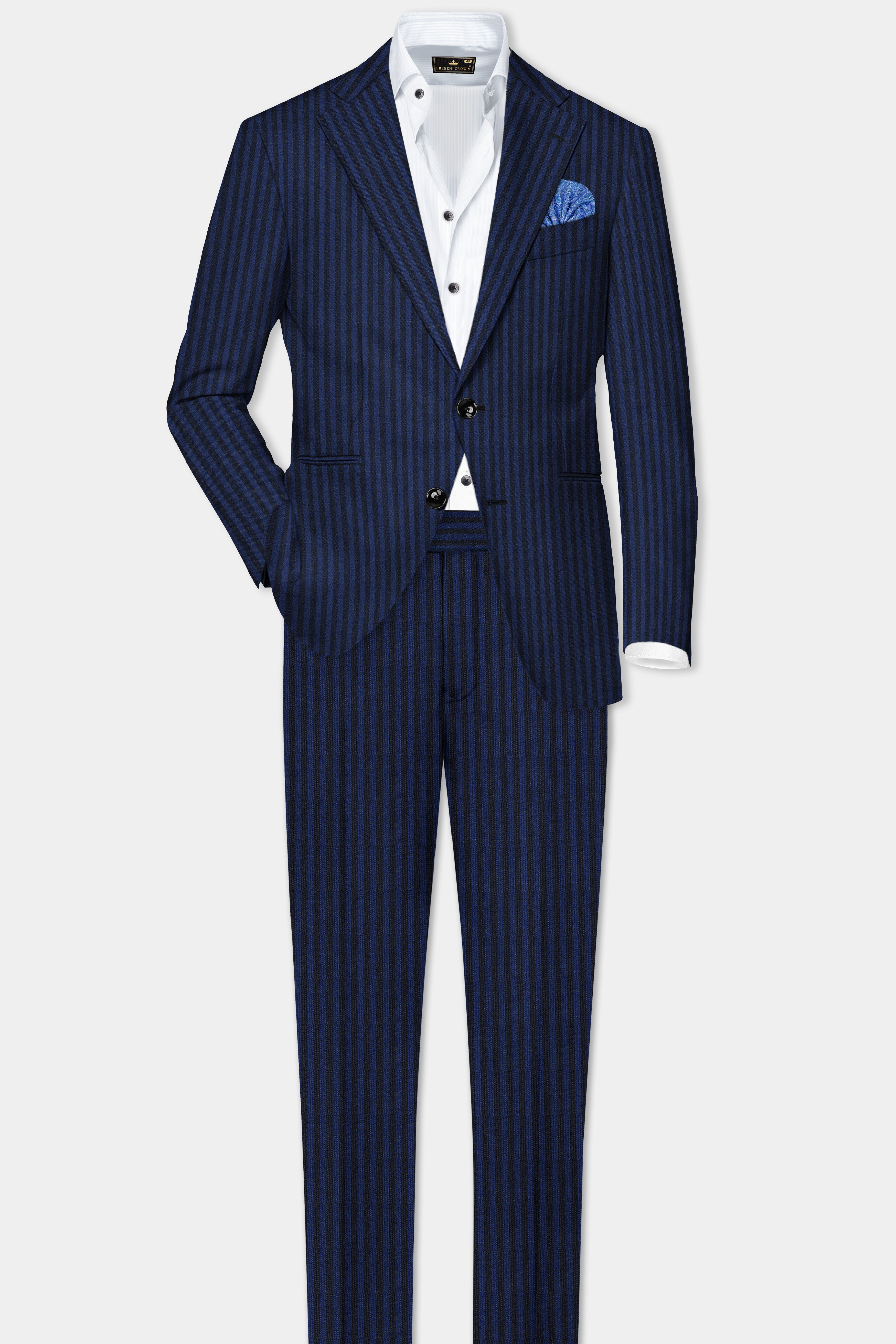 Biscay Blue And Jade Black Striped Wool Rich Pant